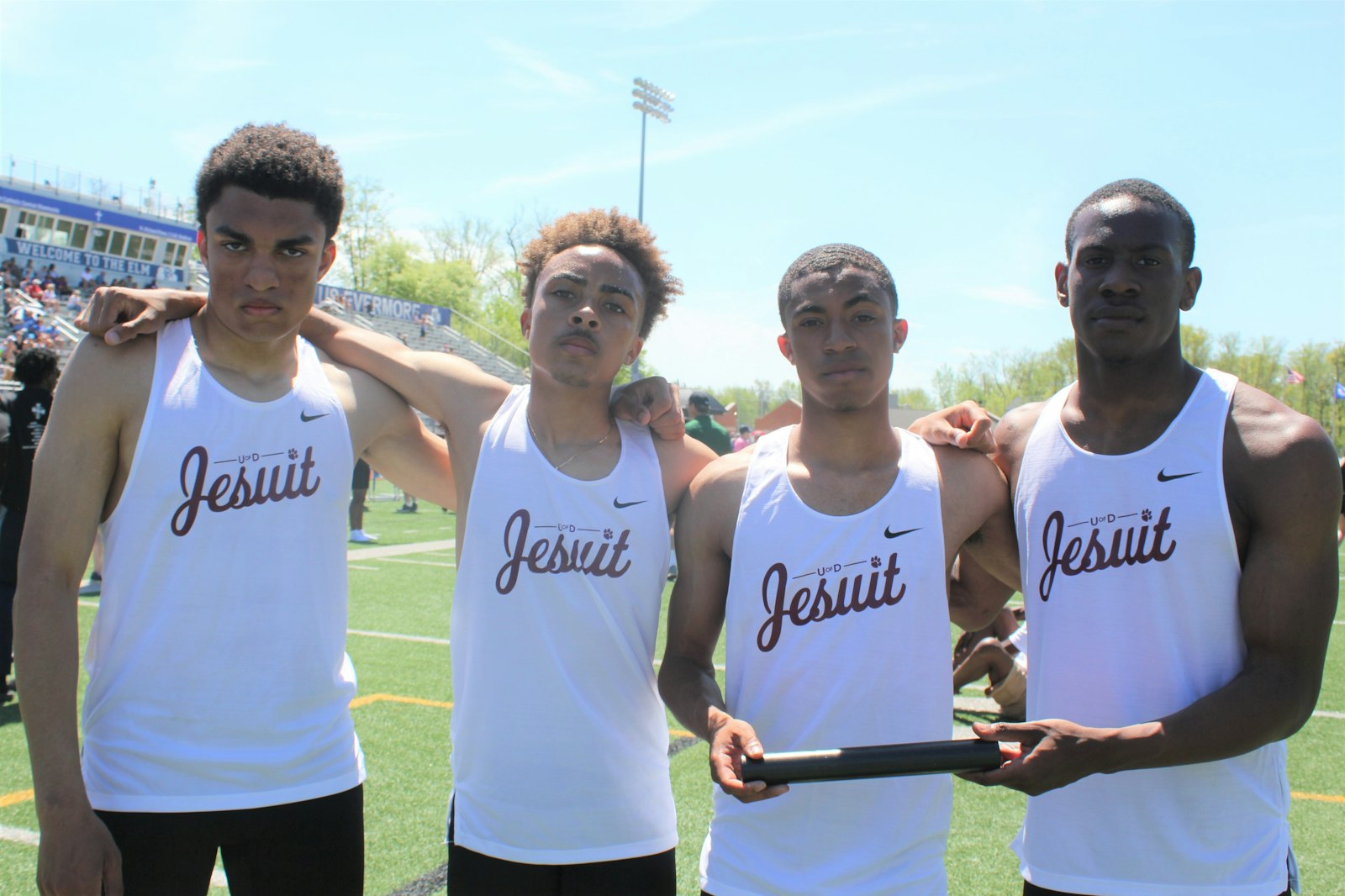 UD-Jesuit’s Nick Johnson, Cameron Hendrix, Jaiden Reed and Devin Grantham won two events — the 4x200-meter relay (1:28.06) and the 4x100 relay (42.39). (Photo by Wright Wilson | Special to Detroit Catholic)