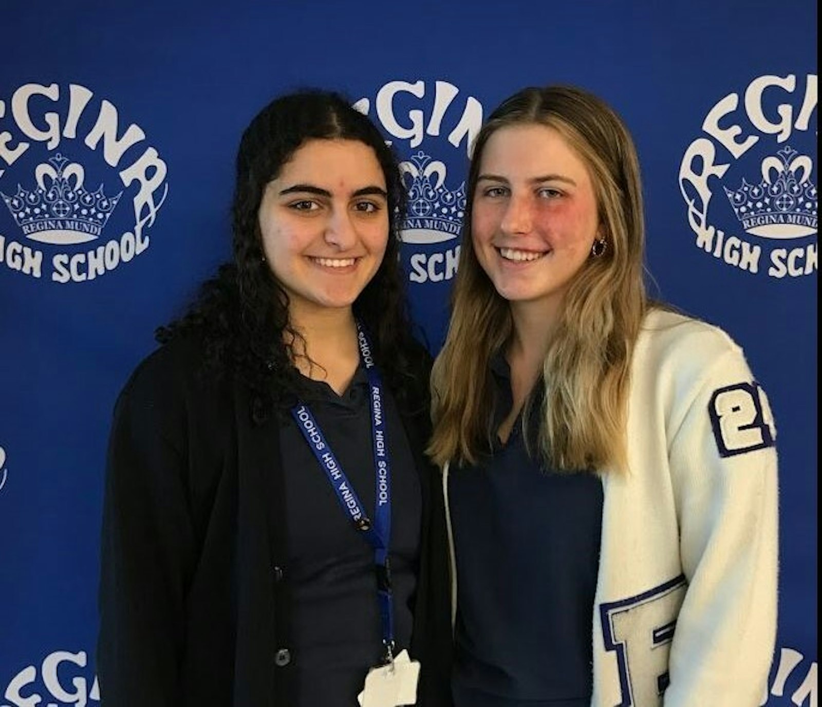 Juniors Sabrina Kiryakoza and Kennedy Roskopp agree that the Diane Laffey Athletic Complex “will give us a sense of belonging having a place we can call our own.” Roskopp added: “it will be there … maybe even for my daughter someday.” (Photo by Lucy Bemiss, Admissions Marketing, Regina)