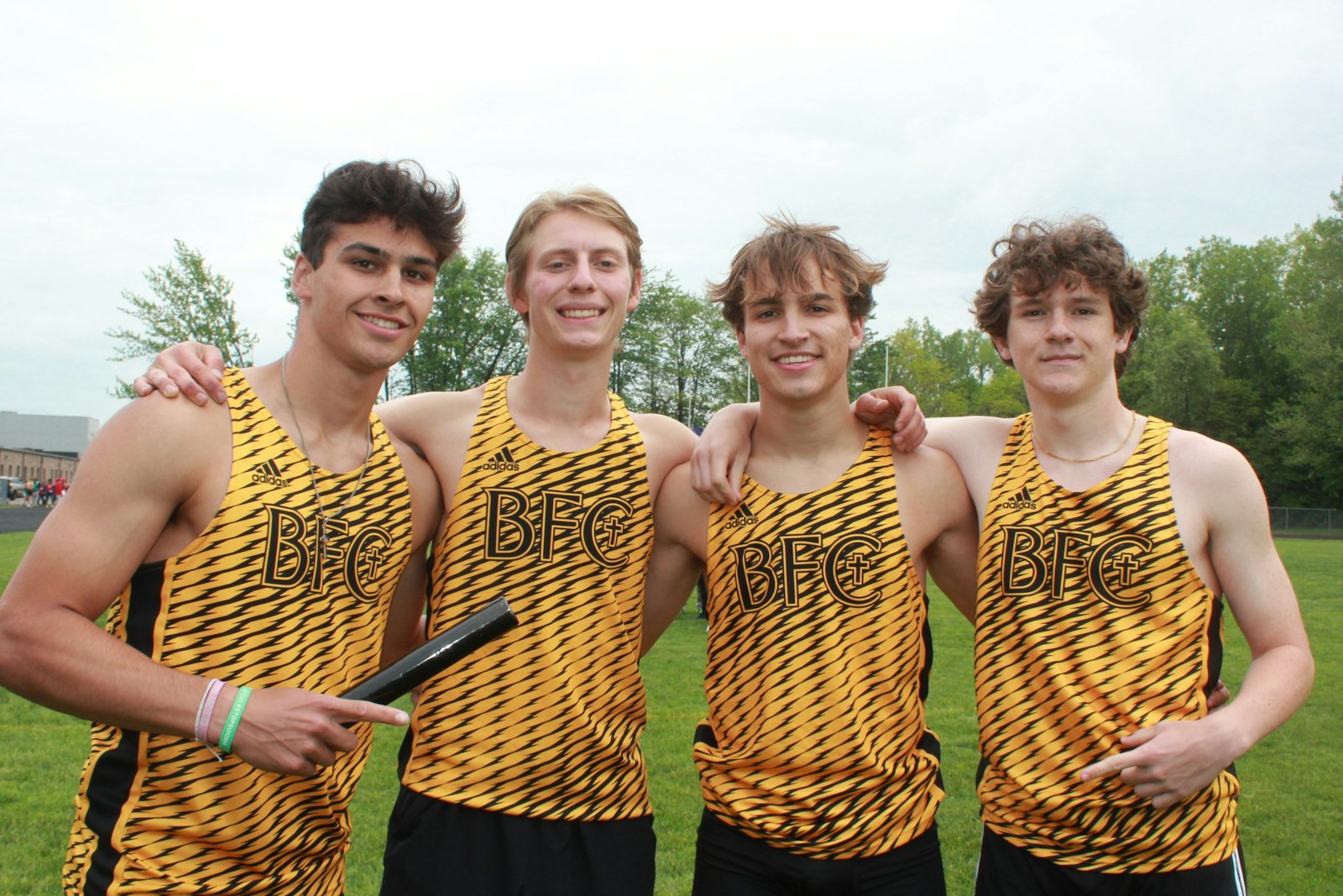 Madison Heights Bishop Foley’s boys won a state title in the 4x100 relay, as Gus Toppi, Jackson Zeiter, Ethan Eisenhauer and Adam Kidder ran 44.38 at the Division 3 meet. (Photo by Wright Wilson | Special to Detroit Catholic)