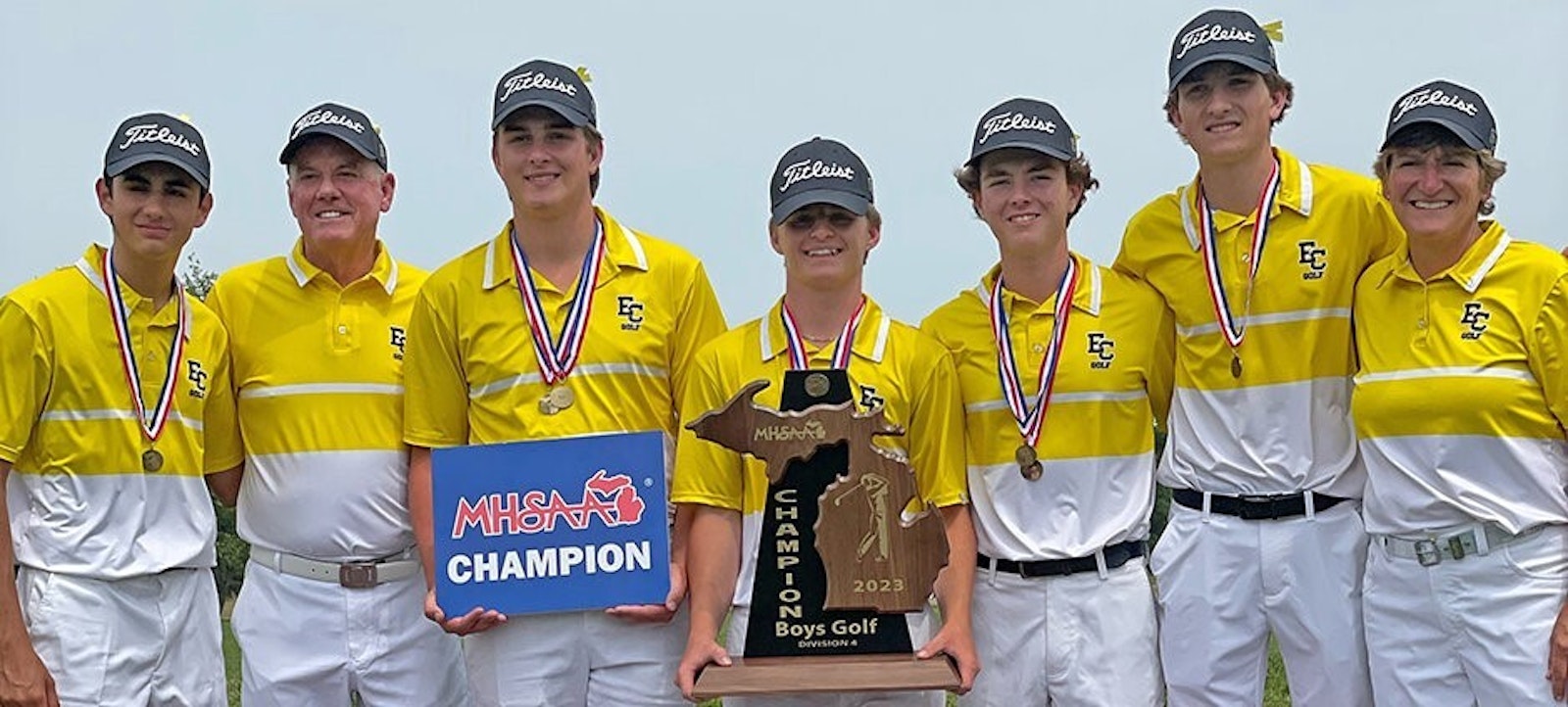 Everest Collegiate built a 17-stroke victory to claim the MHSAA Division 4 golf championship. It’s the third in school’s history along with wins in 2017 and 2018. The lineup included Franco Torio (left), coach Dave Smith, Remy Stalcup, Parker Stalcup, Will Pennanen, Jimmy Schmitt, and assistant coach Ann Serra-Lowney. (Photo courtesy of Everest Collegiate)