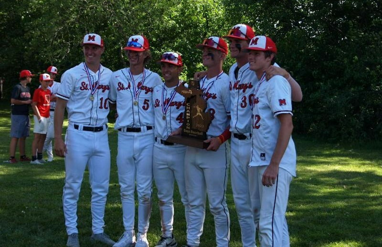 These six seniors played an integral role in St. Mary’s perfect 44-0 record and another state title: Brock Porter (left), Jack Crighton, Jake Dresslehouse, Ike Irish, Nolan Schubart and Ciaran Caughey. (Photo courtesy of Paul Mellerowicz)