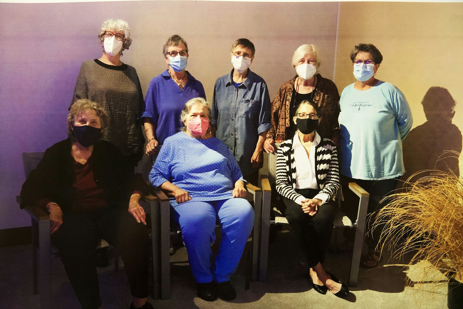 The exhibit features the work of eight women, including five sisters. Back row, left to right: Marnie Jackson, Judi Engel, Sue Schreiber, Barbara Cervenka, Aneesah McNamee. Front row: Nancyann Turner, Mary J. Hickey, Debra Henning.