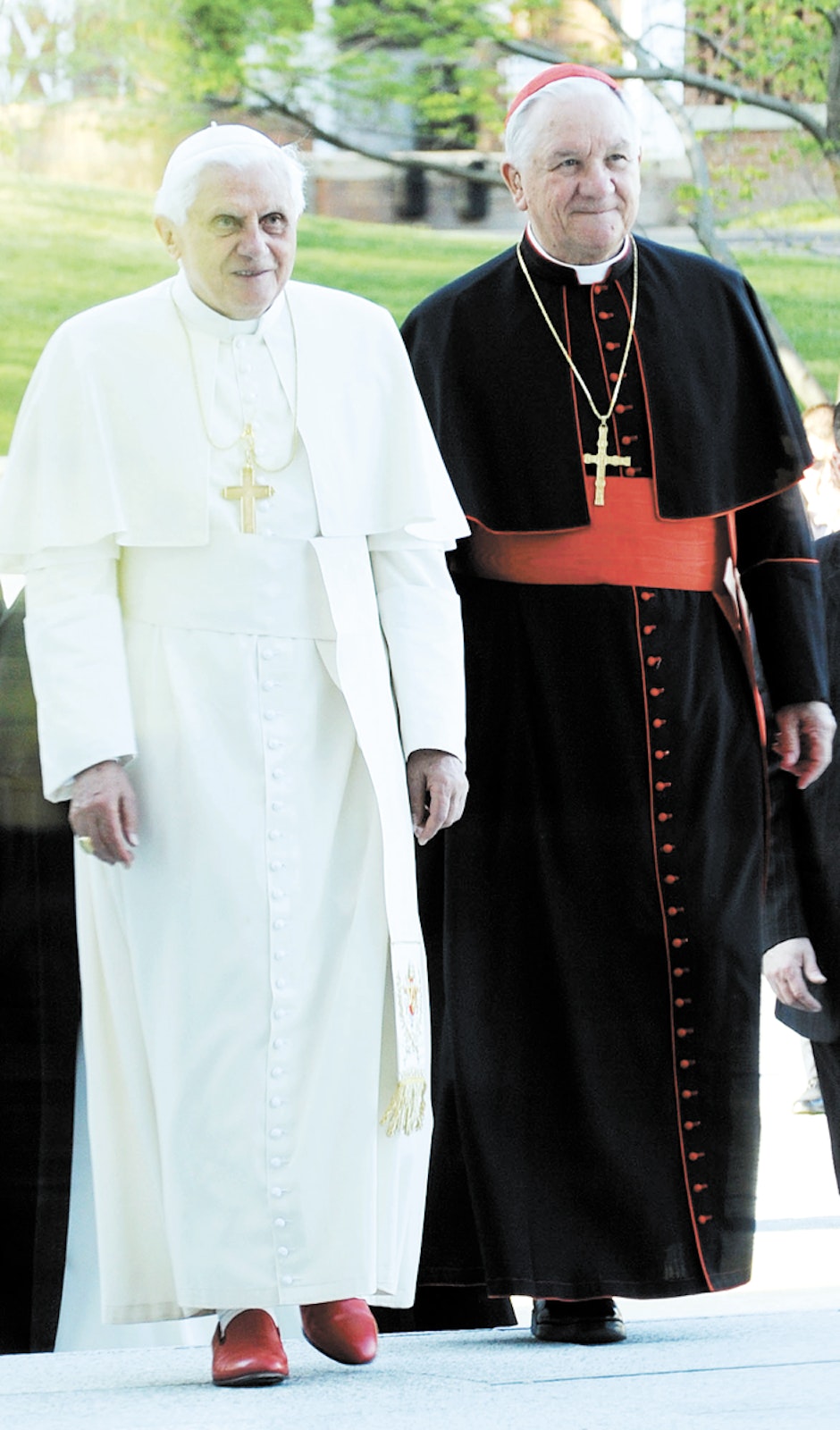 Pope Benedict XVI and Detroit Cardinal Adam Maida walk into the John Paul II Cultural Center in Washington, D.C., April 18, 2008, where the pope hosted an interreligious dialogue during a pastoral visit to the United States. (Leslie Kossoff | Detroit Catholic file photo)