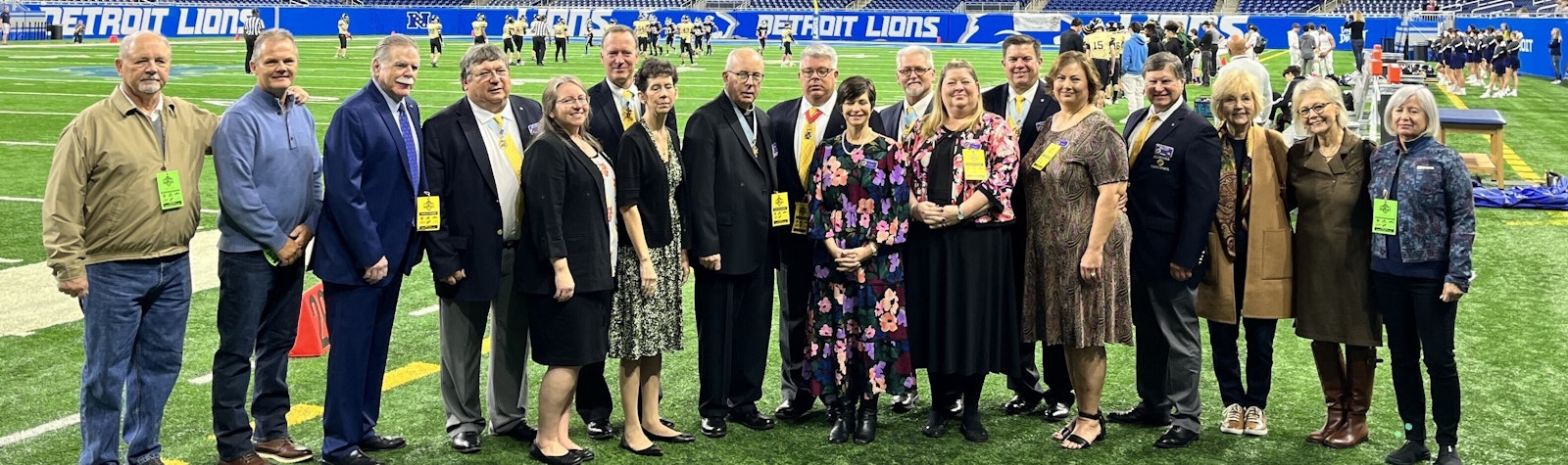 Brothers Tom and Jim Joseph (far left) and their sisters Mary Ann and Patricia, and Tom’s wife Ann Marie (on far right) join officers of the Knights of Columbus in celebrating the 50th anniversary of the Knights’ sponsorship of the Prep Bowl and Catholic League that their father Julian Joseph played a pivotal role in making it happen. (Photos provided by Jim Joseph)