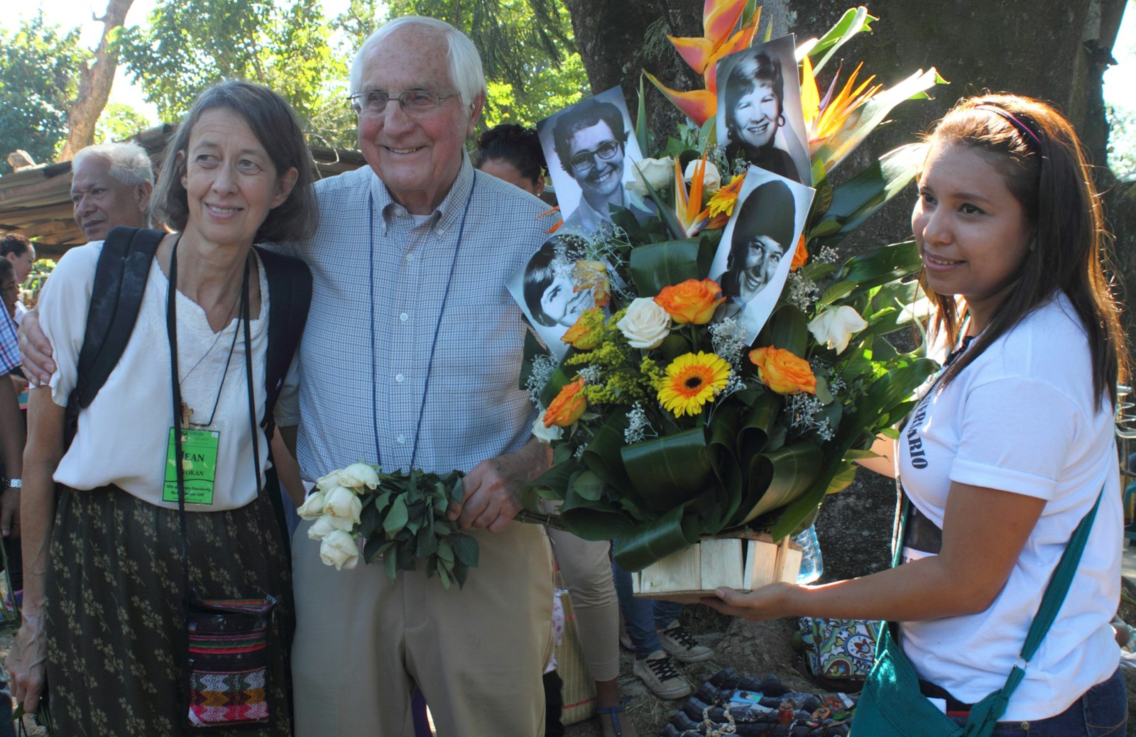 Jean Stokan, director of the Justice Team for the Sisters of Mercy, and retired Auxiliary Bishop Thomas J. Gumbleton of Detroit pose for a photo during a Dec. 2, 2015, memorial service to commemorate the 35th anniversary of the murder of four U.S. churchwomen in Santiago Nonualco, El Salvador. (CNS photo/Edgardo Ayala)