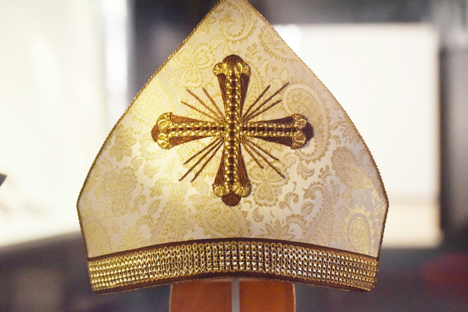 St. John Paul II's miter stands on display at the St. John Paul II National Shrine in Washington July 18, 2019. (Elizabeth Bachmann | CNS photo)