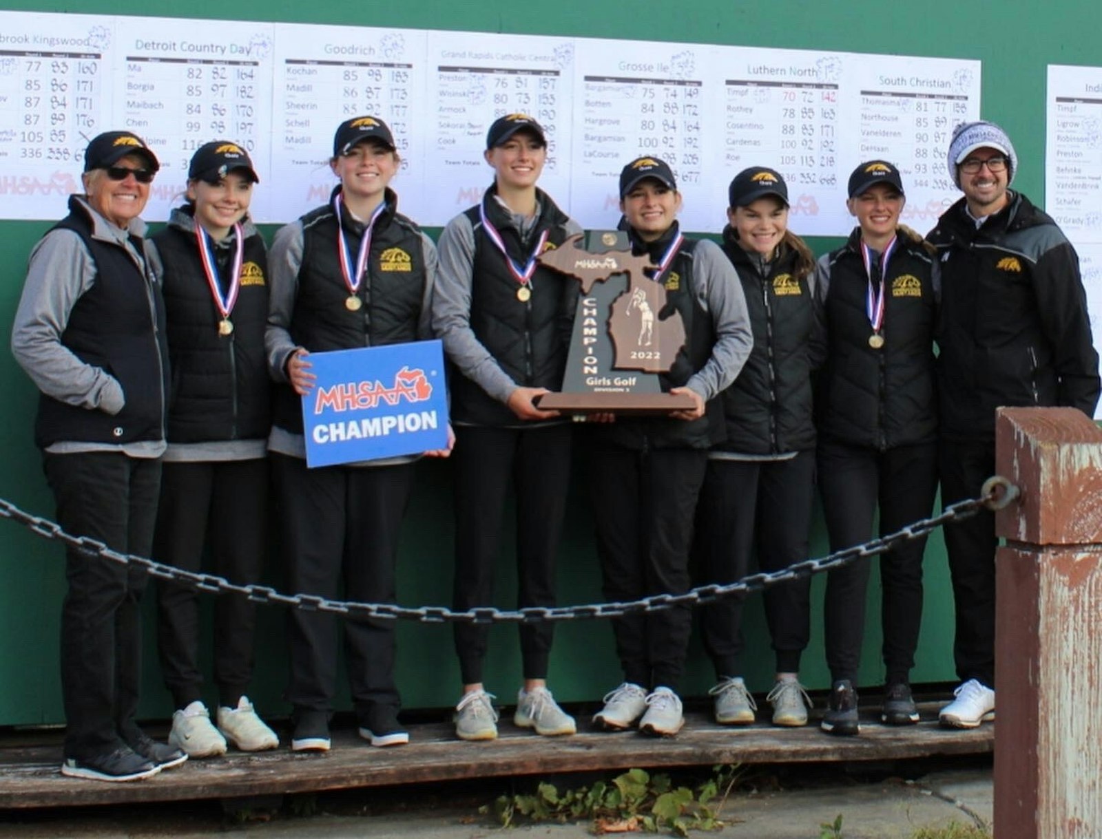 It’s all smiles for the Lutheran North girls golf team, Division 3 state champs. From left to right: Coach Lori Gill, Isabella Vincent, Saige Rothey, Lauren Timpf, Aileen Cosentino, Gabriella Cardenas, Mia Roe, Coach Alex Schlumps. The Mustangs also won in 2015 and 2016. (Photos provided by Lauren Timpf)