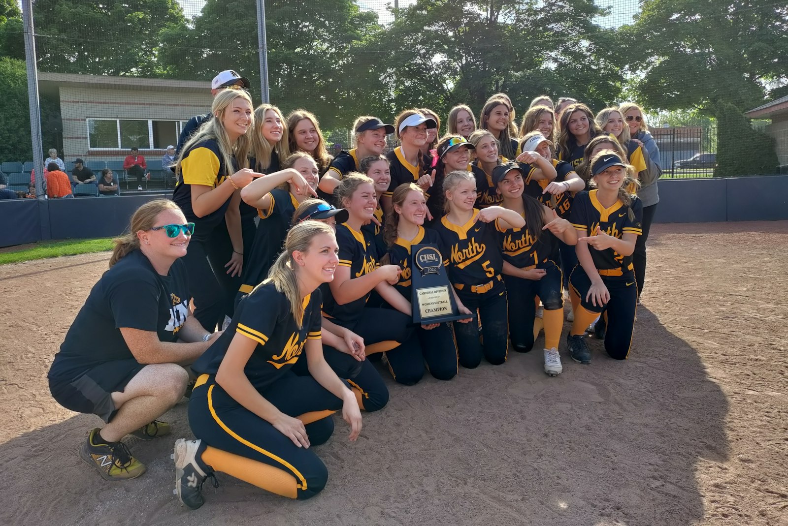 Macomb Lutheran North jumped out to a 3-0 lead in the first inning, then had to rally with three runs in their last at-bat to beat St. Catherine of   Siena for the CHSL Cardinal Division trophy, its second title in three years.