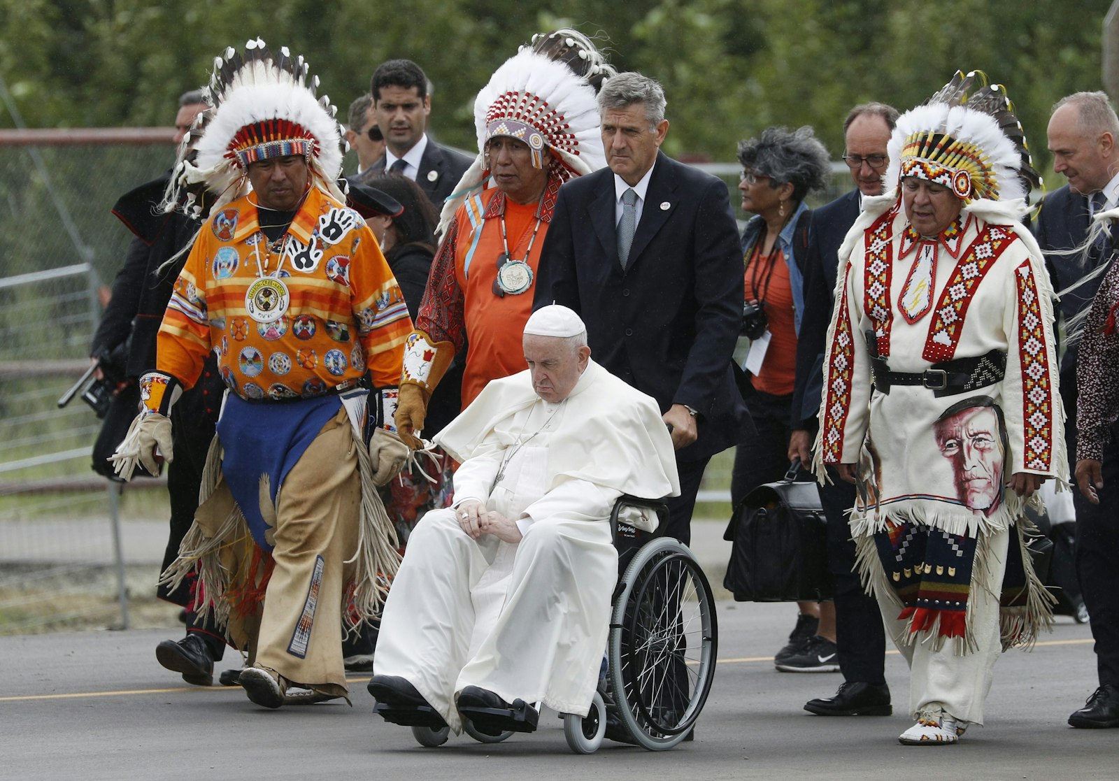 Pope Francis arrives with Indigenous leaders for a meeting with First Nations, Métis and Inuit communities at Maskwacis, Alberta, July 25, 2022. (CNS photo/Paul Haring)