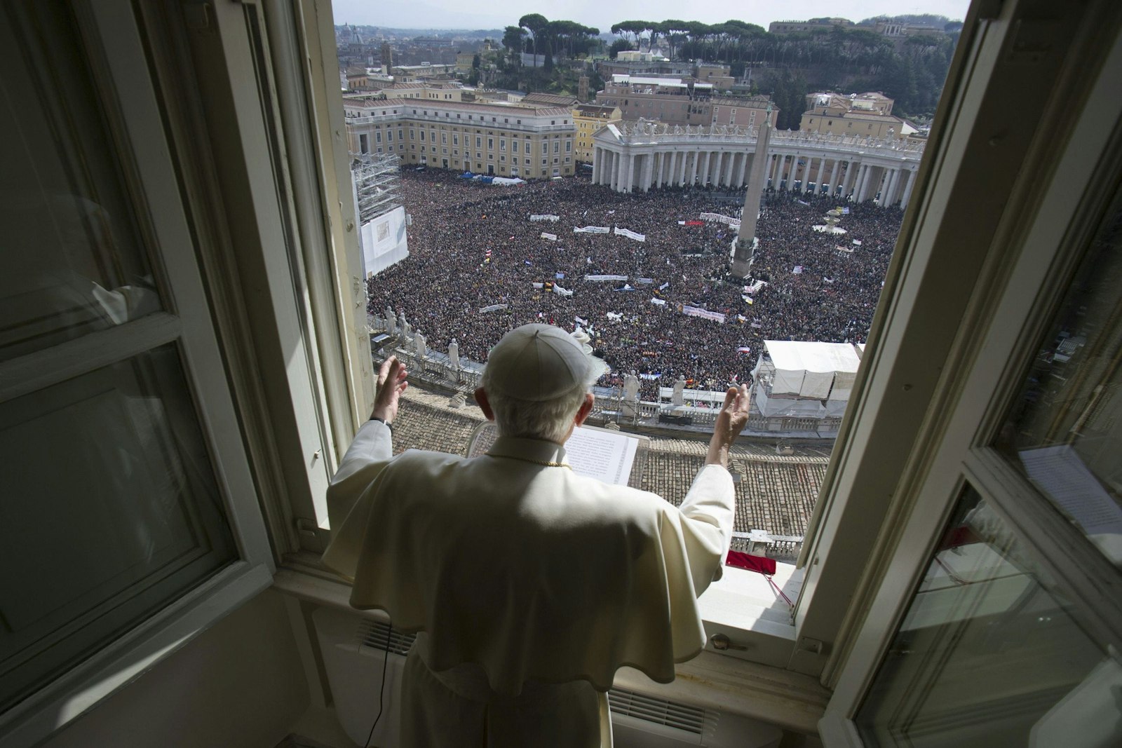 Pope Benedict XVI leads his last public Angelus from the window of his apartment overlooking St. Peter's Square at the Vatican Feb. 24, 2013. The pope surprised the world when he announced Feb. 11, 2013, that he was resigning the papacy. (CNS photo/Vatican Media)