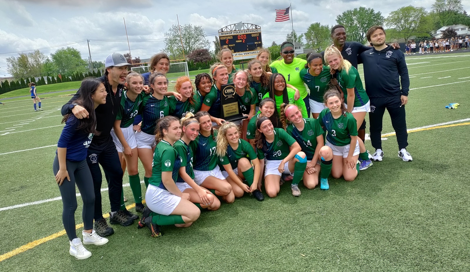 Cranbrook Kingswood celebrates its first Catholic League girls soccer championship since the school joined the CHSL in 2010. The Cranes rallied to beat the Everest/Sacred Heart co-op squad for the Cardinal trophy. (Photo by Don Horkey | Special to Detroit Catholic)