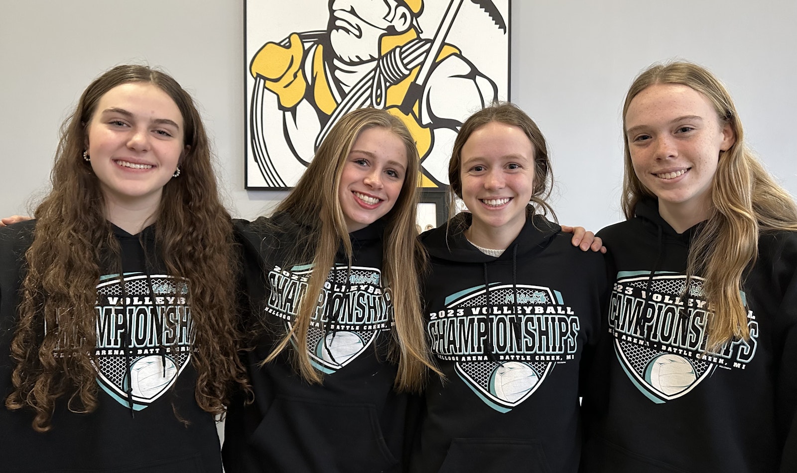 Left to right, juniors Sarah Bradley, Madelyn Krappmann, Erica Walker and Addison Pearce show off their 2023 MHSAA Division 4 championship gear. Combining their semifinal and final performances, Bradley totaled 56 kills, 31 digs and nine aces. Krappmann followed with 40 kills and 32 digs, Walker had 102 assists and Pearce 20 digs. Bradley’s 31 kills in the championship game is sixth best in state history. Walker’s 57 assists in the finals is tied for second best.