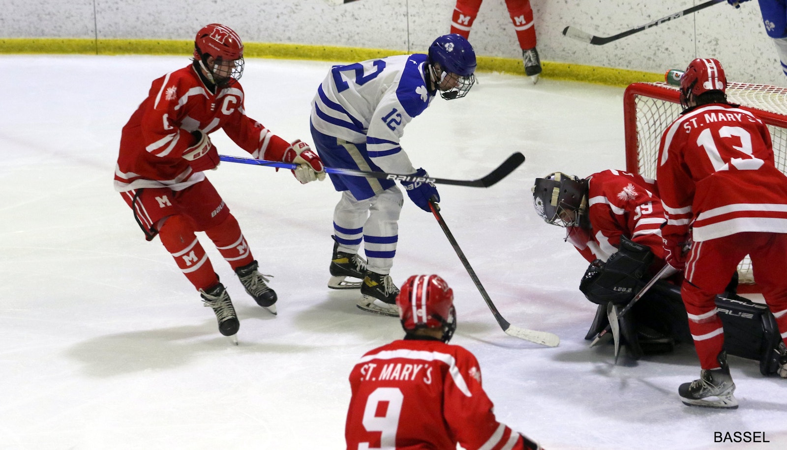 St. Mary’s junior goaltender Will Keane was successful in blocking this shot by Catholic Central’s senior captain Jackson Walsh. However, seven other pucks by Walsh’s teammates made their way past his best efforts for the Shamrocks’ CHSL Bishop Division championship.