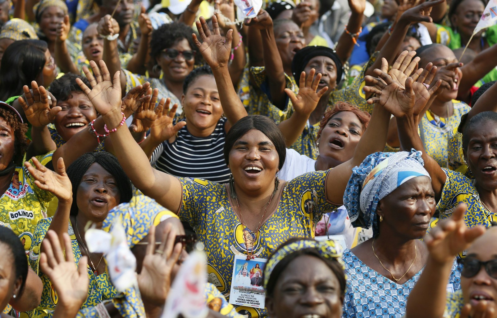 People cheer before the start of Pope Francis' meeting with young people and catechists in Martyrs' Stadium in Kinshasa, Congo, Feb. 2, 2023. (CNS photo/Paul Haring)