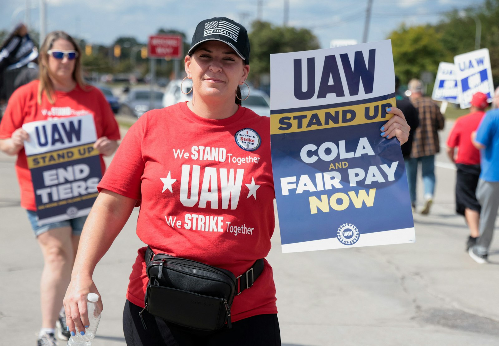 Striking United Auto Workers walk the picket line outside the Ford Michigan Assembly Plant in Wayne, Mich., Sept. 15, 2023. (OSV News photo/Rebecca Cook, Reuters)