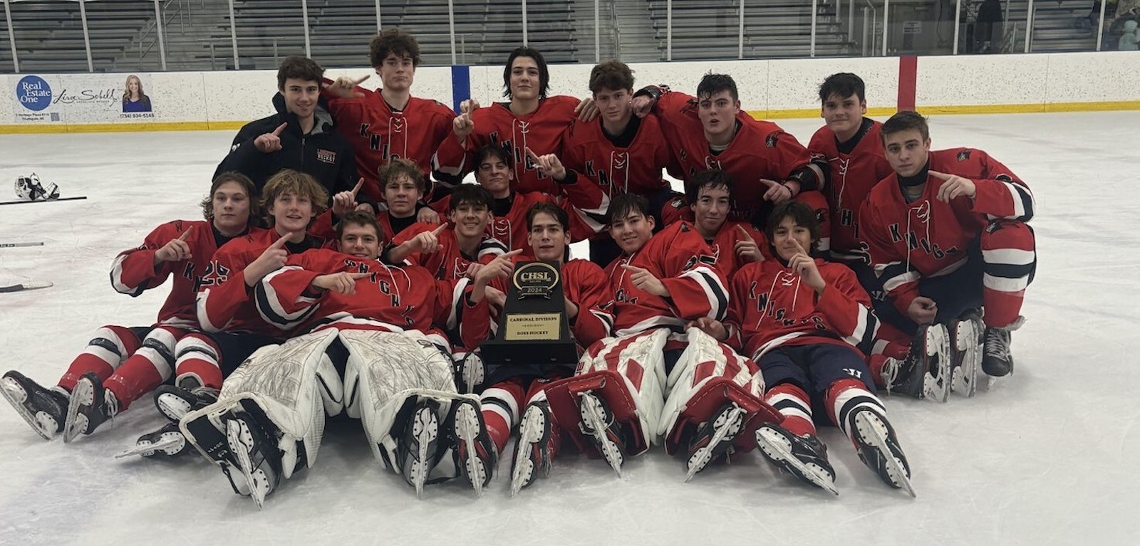 Grosse Pointe Woods University Liggett celebrates a 1-0 victory over Ann Arbor Fr. Gabriel Richard for the CHSL Cardinal Division championship, avenging an overtime loss to the Fighting Irish in last year’s finale. (Photo via Grosse Pointe Woods University Liggett’s Facebook page)