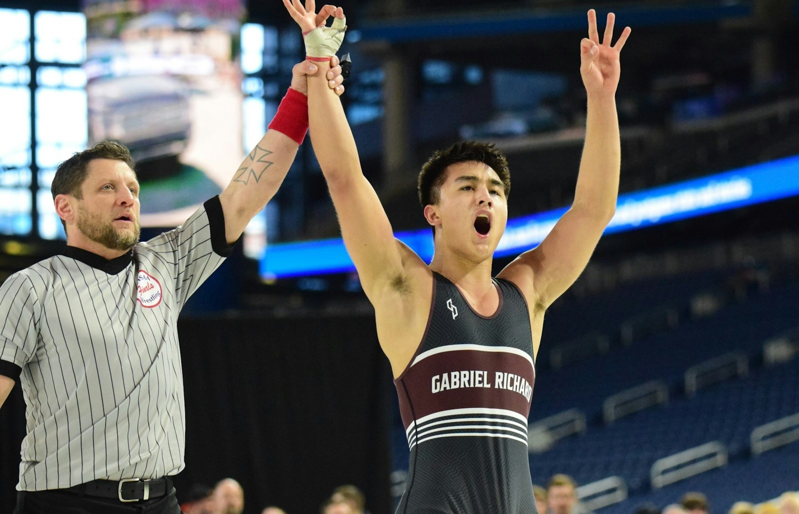 Sebastian Martinez will have to wait a year to try for his fourth individual title in a row after winning his third state individual wrestling championship. The junior at Riverview Gabriel Richard issued a challenge: “I am starting a new legacy.” (Photo courtesy of Alexander Muller/News-Herald)