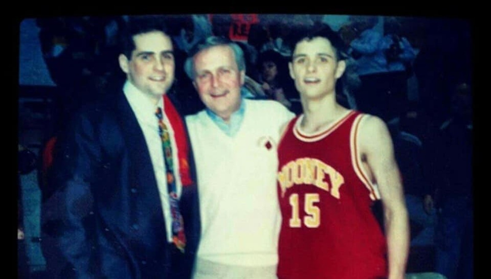 Jim McAndrews Jr., Jim McAndrews Sr., and Mike McAndrews celebrate Cardinal Mooney’s 1993 CHSL championship. (Photo courtesy of Mike McAndrews)