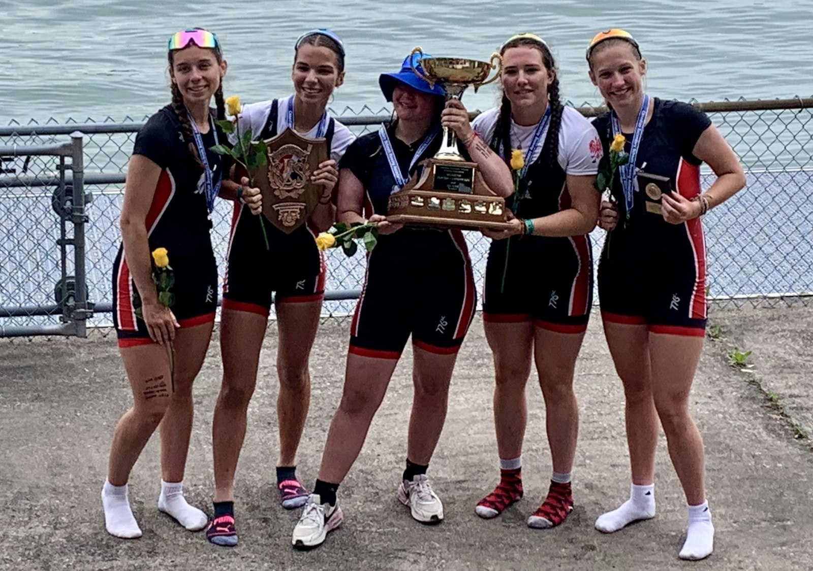 To the victor go the spoils. The girls junior 4+ crew – Ava Gallegos, Sadie Ross, Gia Tanguay, Nika Ladoszensky and Maddie Curtain – show off the booty they collected for becoming St. Mary’s first girls national champion at the Canadian Secondary Schools regatta at St. Catharines, Ontario. Another girls crew won gold at the Scholastic Rowing Association of America regatta in New Jersey. (Photo courtesy of Coach Chris Czarnecki)