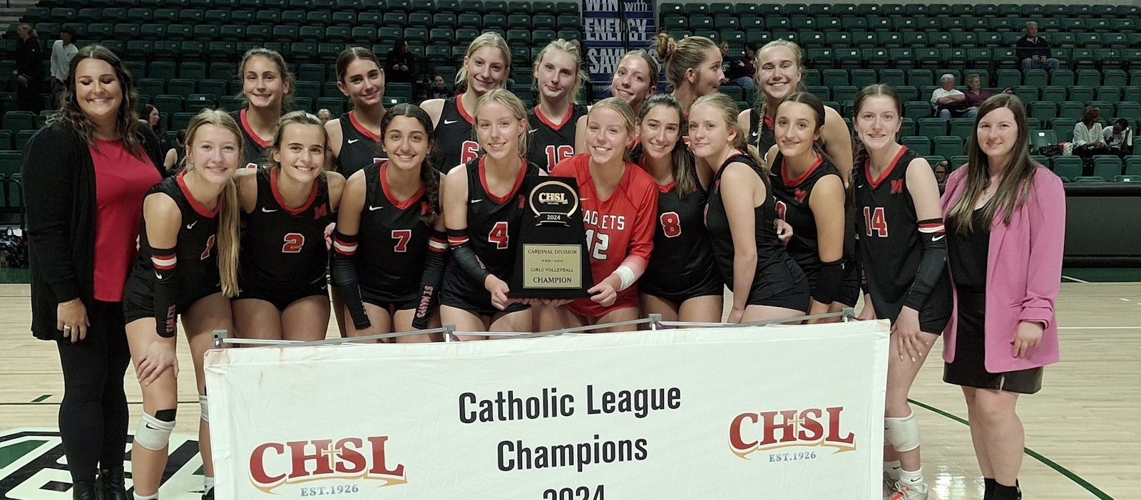 Orchard Lake St. Mary’s Prep won its third straight CHSL girls volleyball Cardinal Division title by beating Warren Regina in four sets. (Don Horkey | Special to Detroit Catholic)