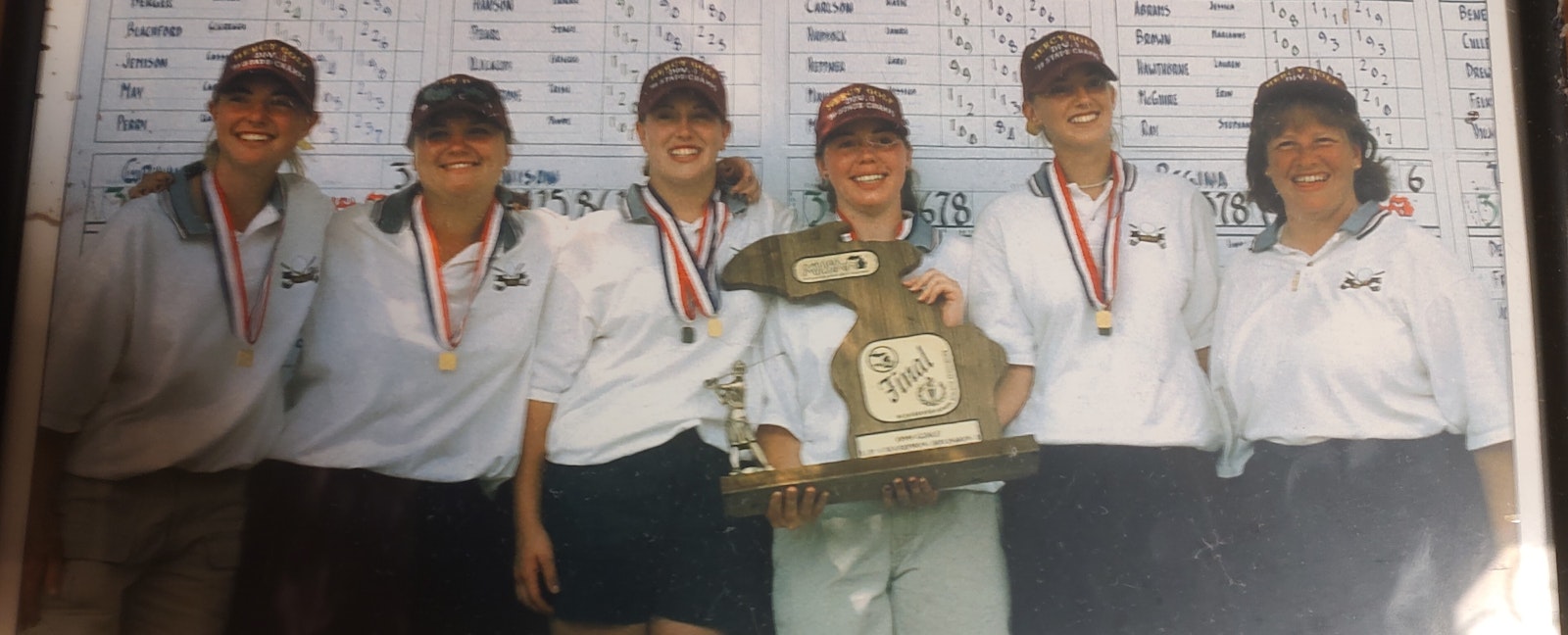 Mercy’s first of five state golf championships came in 1999. Erin Borowiec (left), Jennifer Borowiec, Angela Harbar, Lindsey Densmore and Sarah Cahill composed the squad under coach Vicky Kowalski’s tutelage. The Marlins also won in 2001 and the last three years, 2022-23-24. (Photo courtesy of Vicky Kowalski)