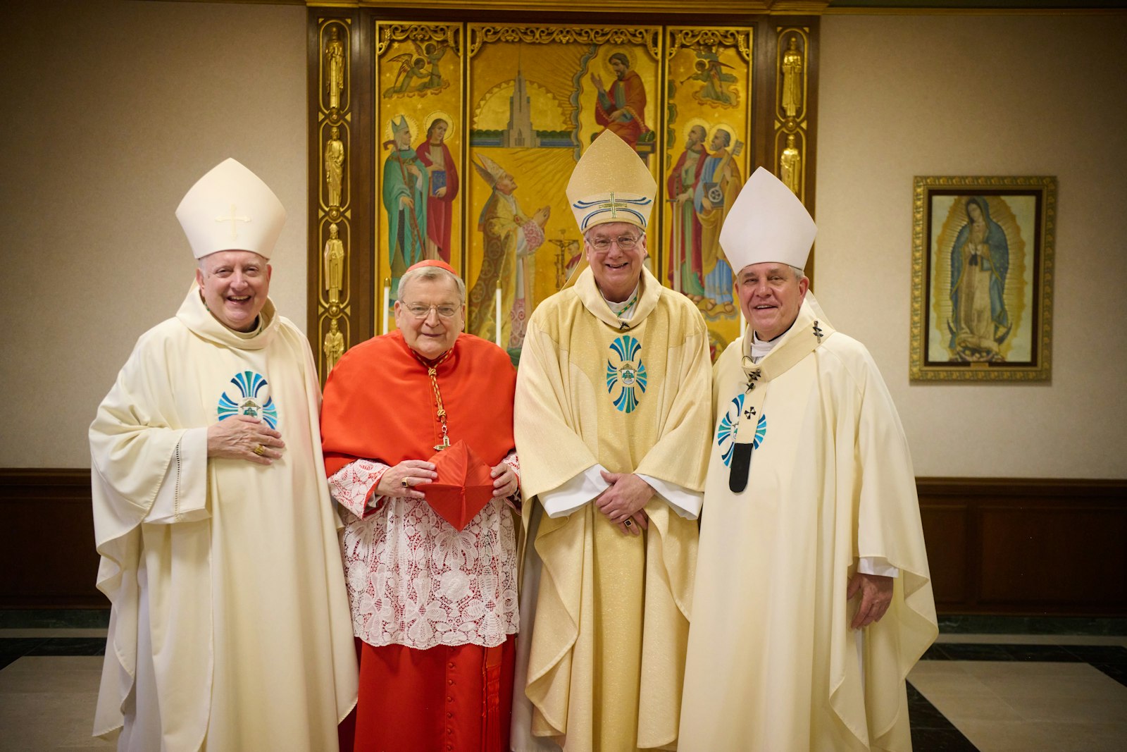 Bishop Gerard W. Battersby, second from right, is pictured with three of his predecessor bishops before the installation Mass. Left to right are Bishop William P. Callahan, OFM Conv., the 10th bishop of La Crosse, Cardinal Raymond L. Burke, the diocese's eighth bishop, Bishop Battersby and Milwaukee Archbishop Jerome E. Listecki, who served as La Crosse's ninth bishop. (Courtesy of the Diocese of La Crosse)