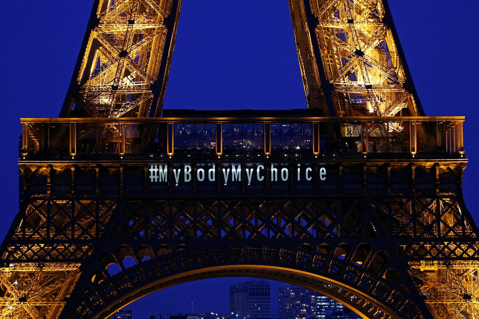 The Eiffel Tower lights up with the message "My Body My Choice" in Paris March 4, 2024, after French lawmakers enshrined the right to abortion in the country's constitution during a meeting of the parliament in Versailles. (OSV News photo/Abdul Saboor, Reuters)