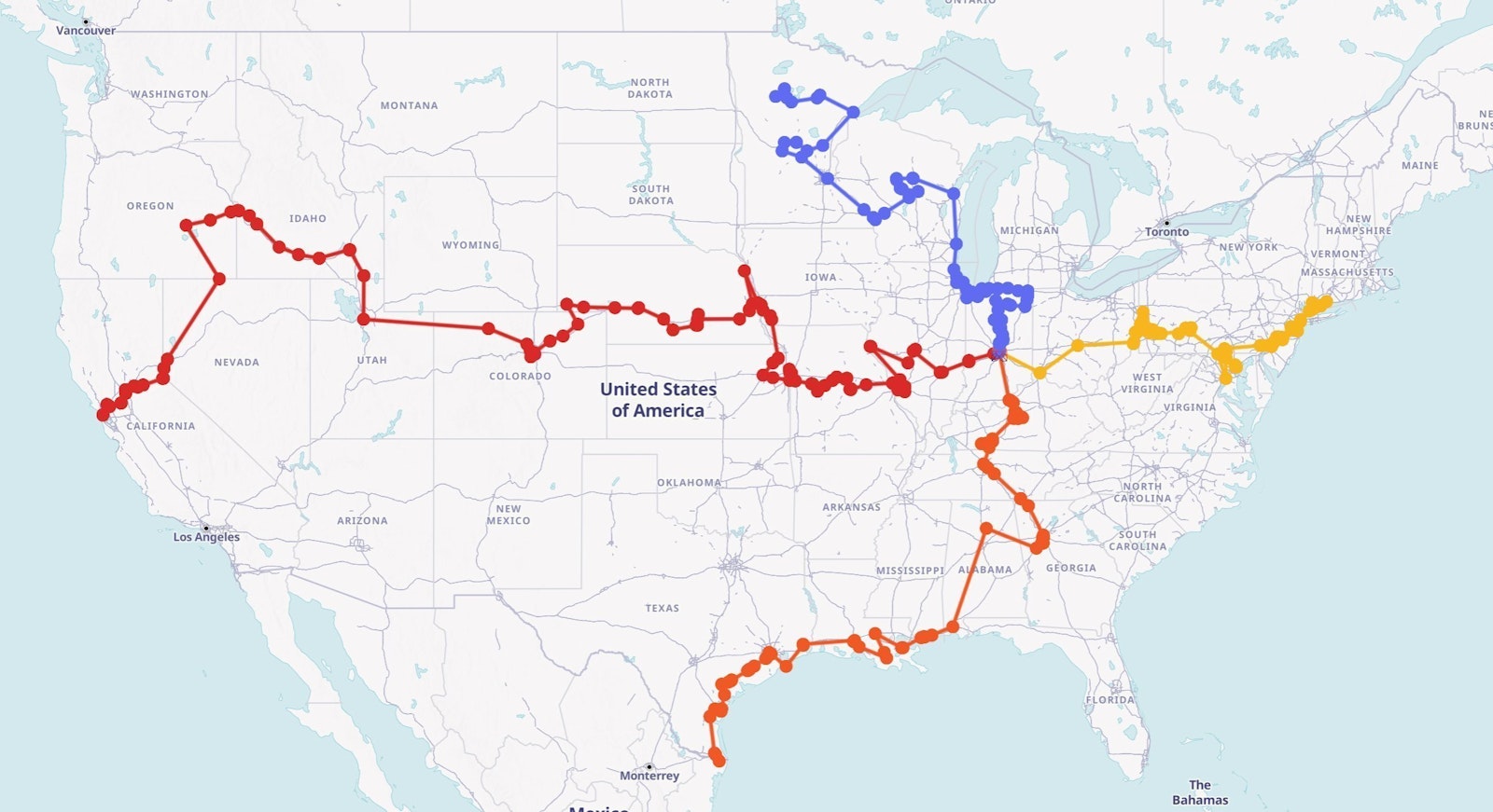 This is an updated map showing the four routes of the National Eucharistic Pilgrimage to the National Eucharistic Congress in 2024. The pilgrimage launches from four points in the U.S. May 18-19 and converges eight weeks later in Indianapolis for the July 17-21 congress. (OSV News illustration/courtesy National Eucharistic Congress)