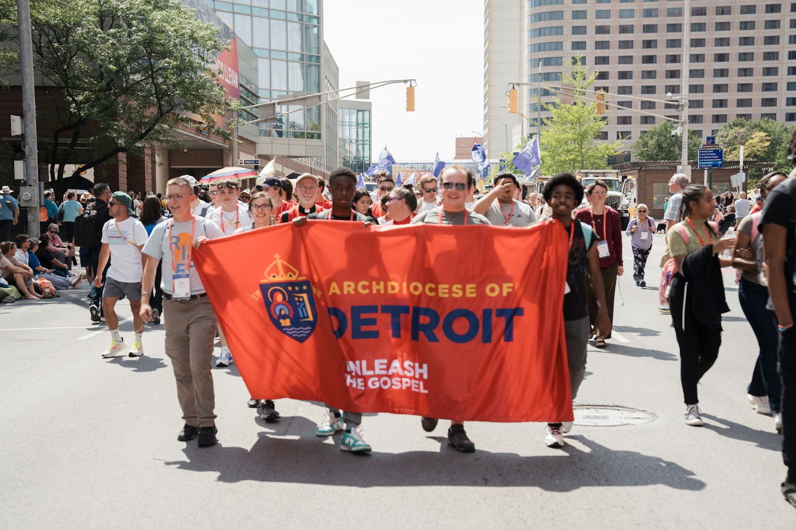 Detroiters march in a Eucharistic procession through the streets of Indianapolis during the National Eucharistic Congress.