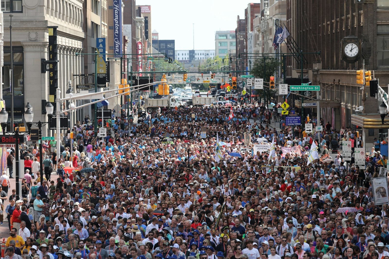 Thousands of pilgrims join the final Eucharistic procession of the National Eucharistic Congress in downtown Indianapolis July 20, 2024. (OSV News photo/Bob Roller)