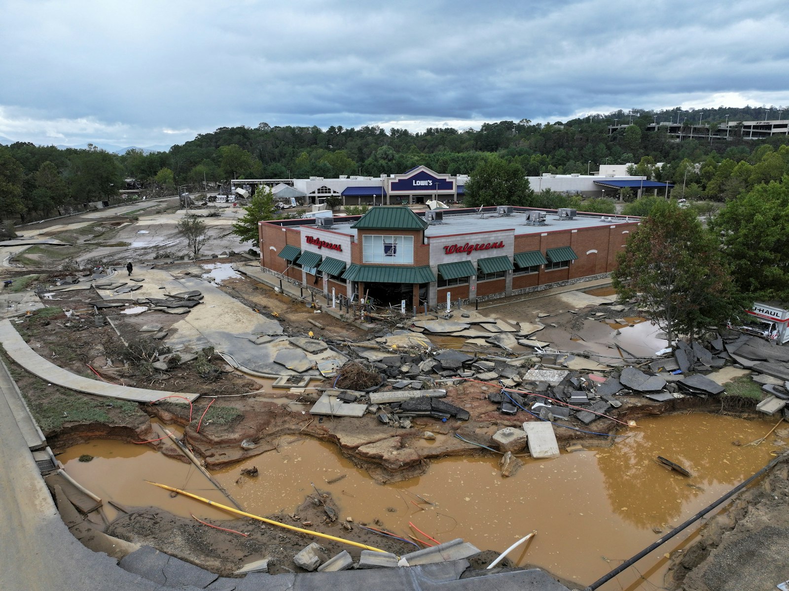 A drone view shows a damaged area in Asheville, N.C., on Sept. 29, following the passing of Tropical Storm Helene. The storm made landfall the night of Sept. 27 in Florida's Big Bend region as a Category 4 hurricane and was downgraded to a tropical storm the next morning. (OSV News photo/Marco Bello, Reuters)