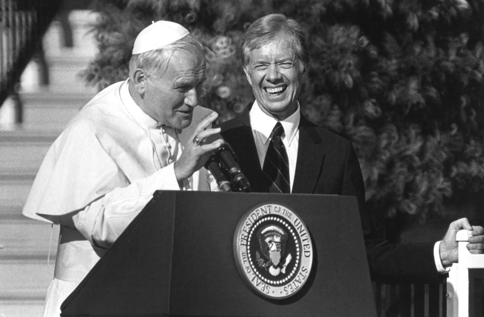 St. John Paul II addresses a press conference with President Jimmy Carter in the Rose Garden at the White House Oct. 6, 1979. Carter died Dec. 29, 2024, at 100, at his home in Plains, Georgia. (OSV News photo/CNS file, Chris Sheridan)