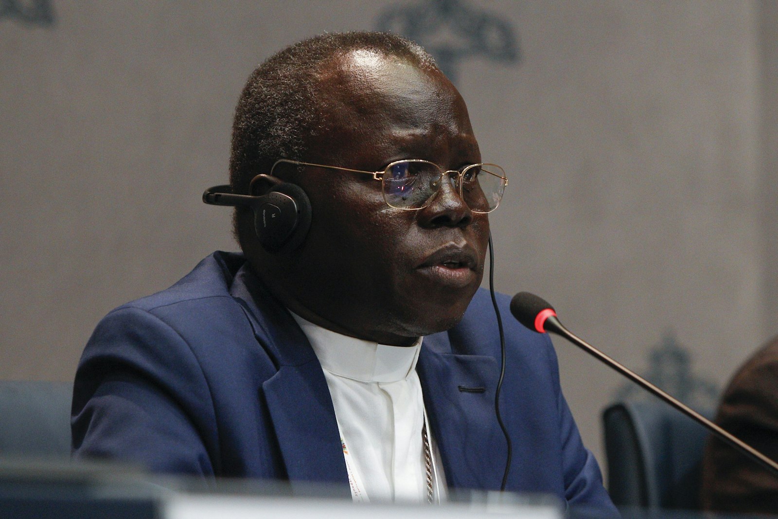 Cardinal Stephen Ameyu Martin Mulla of Juba, South Sudan, speaks at an Oct. 18, 2024, press briefing about the Synod of Bishops at the Vatican. (CNS photo/Robert Duncan)