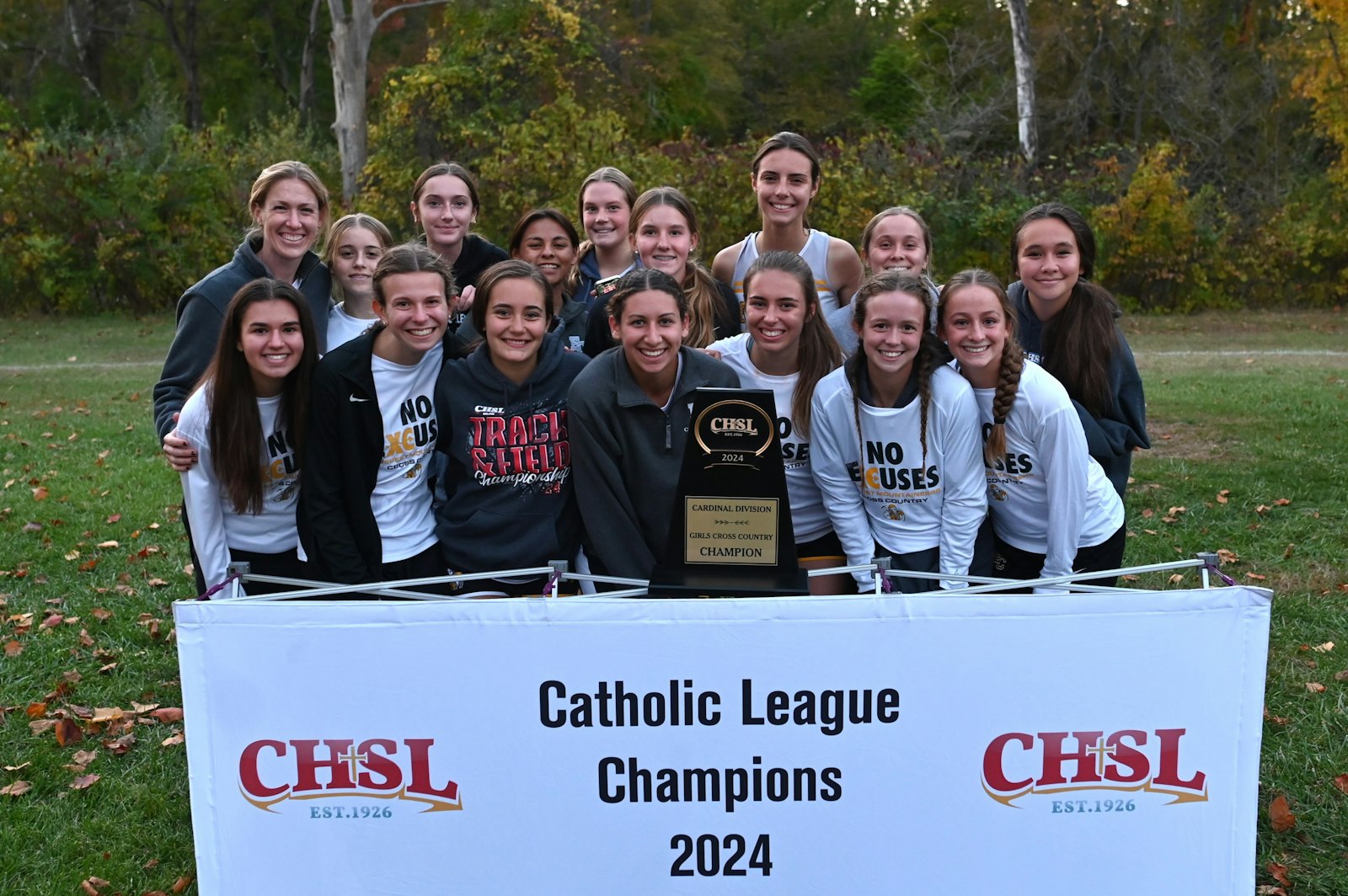 The girls from Clarkston Everest Collegiate won their first Catholic League cross-country crown since 2020, nipping Royal Oak Shrine by five points, 40 to 45, in the league championship races run on Oct. 19. (Photo courtesy of Everest High School)