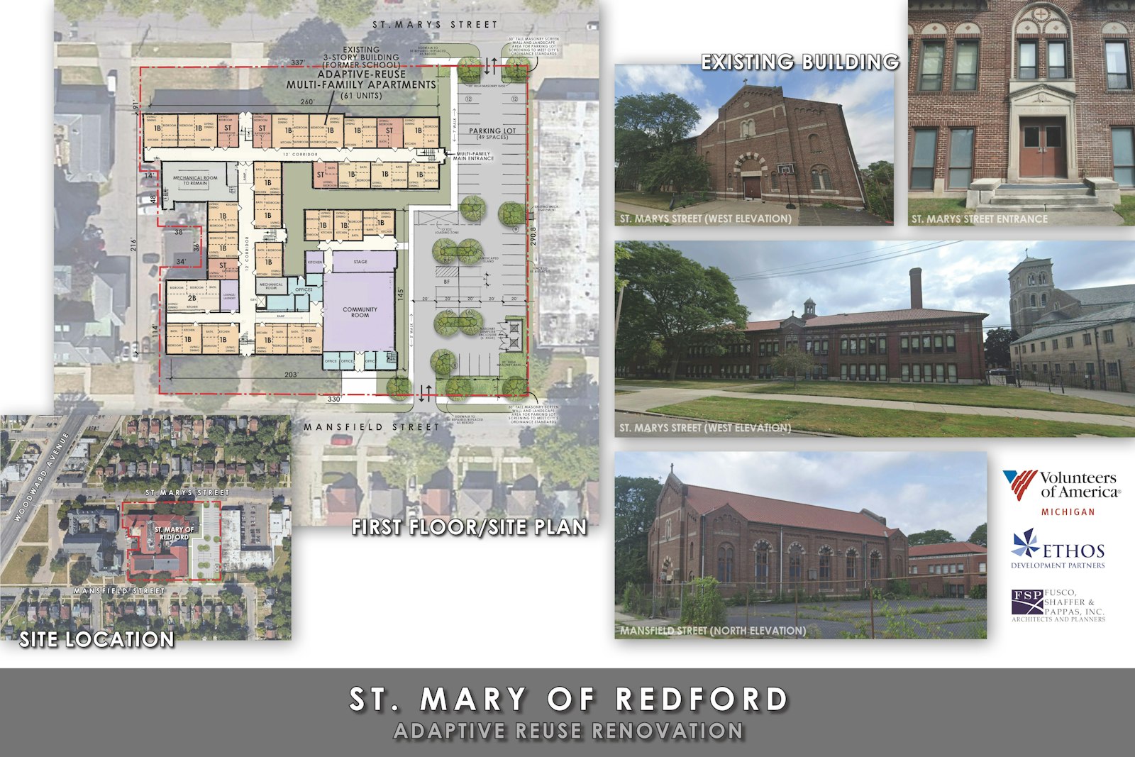 The plan for the former St. Mary of Redford school building includes supportive housing units that would be repurposed from former classrooms. A rendering shows a proposed sketch of the project.