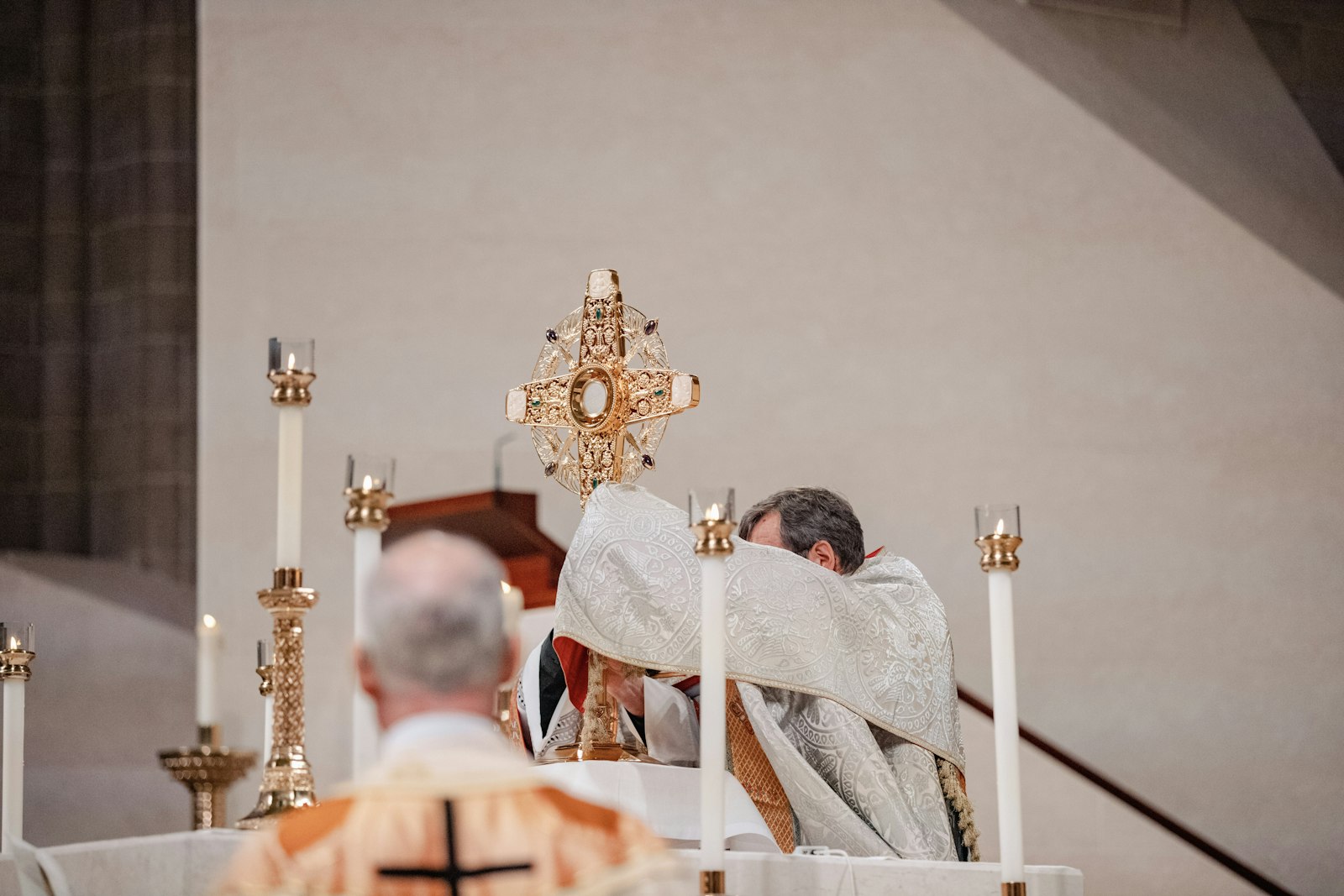 Archbishop Allen H. Vigneron elevates the monstrance with the Blessed Sacrament during benediction after Mass on the feast of Corpus Christi, June 11, at the Cathedral of the Most Blessed Sacrament in Detroit. (Alissa Tuttle | Special to Detroit Catholic)