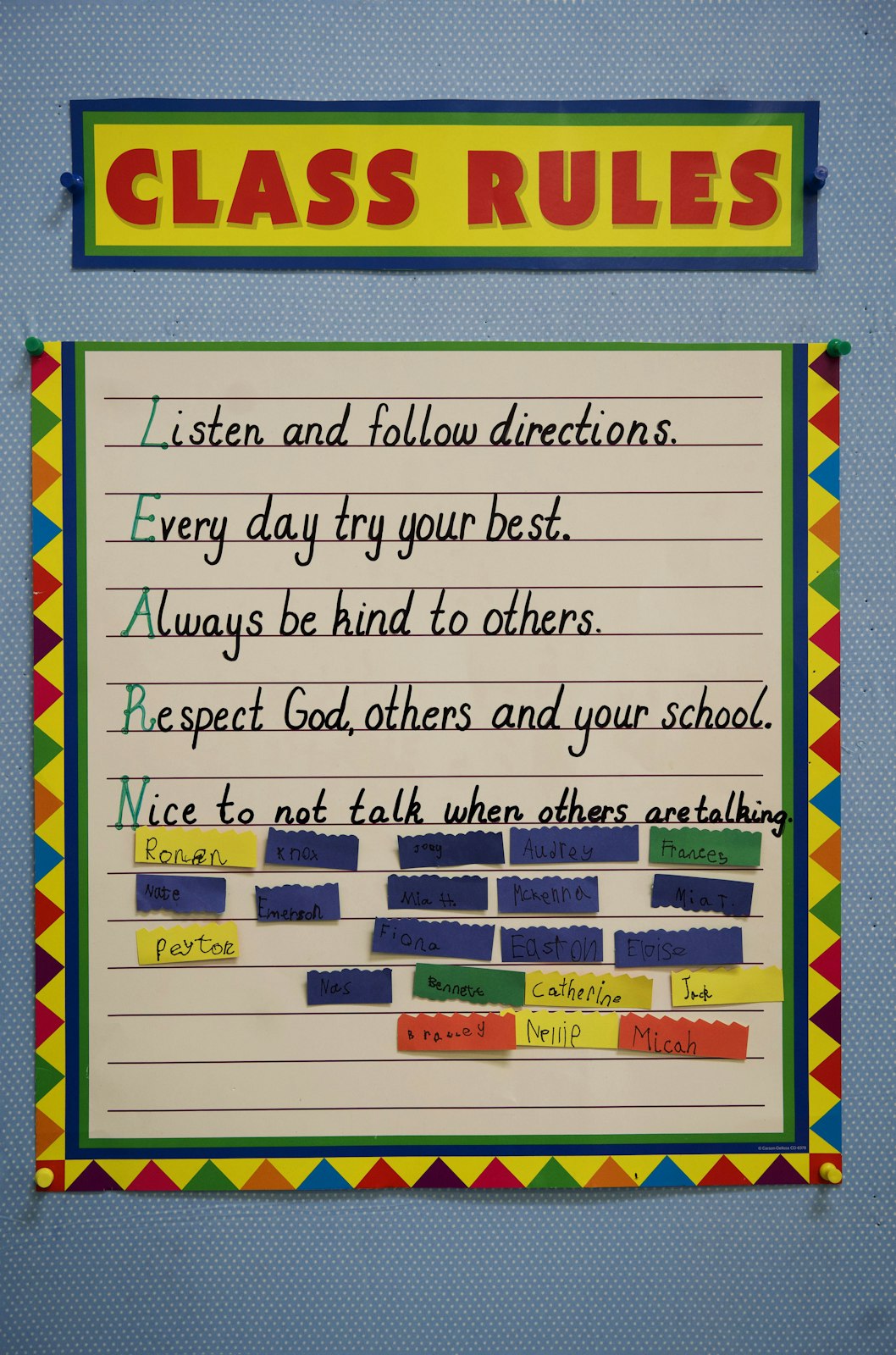 A poster displays "class rules" in Traci Smith's first-grade classroom at Monroe Catholic Elementary Schools. (Gabriella Patti | Detroit Catholic)