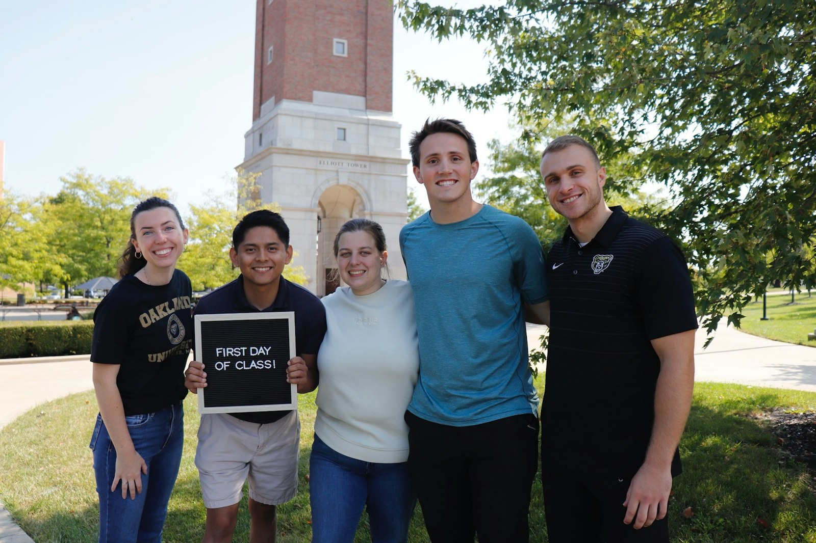 This fall, Oakland University welcomed four new missionaries from the Fellowship of Catholic University Students (FOCUS) for the first time. Left to right are Emma Hoffman (FOCUS team lead), missionaries Steven Ortega, Bernadette Wilson and Brendan Burke, and campus minister Drew Tonti.