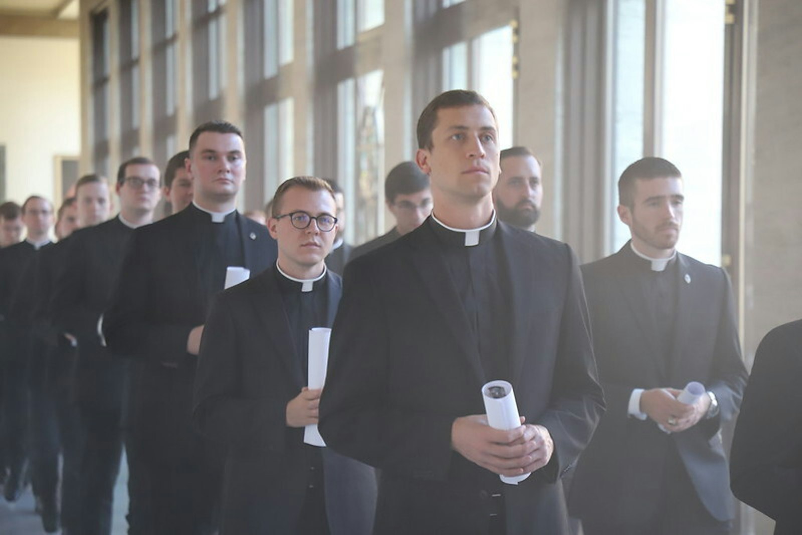 Seminarians process through the halls during a liturgy at the Pontifical North American College in Rome.