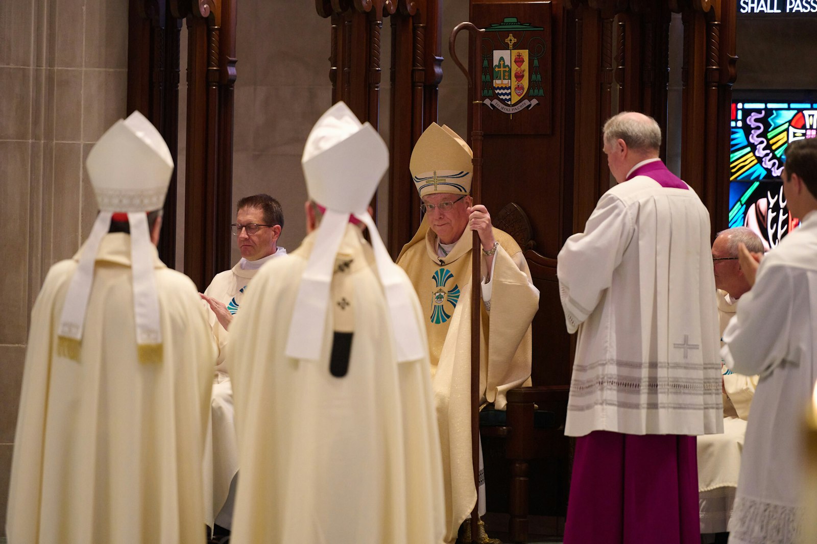 Bishop Gerard W. Battersby takes his seat on his cathedra for the first time as bishop of the Diocese of La Crosse, Wis., during his installation Mass on May 20 at the Cathedral of St. Joseph the Workman. (Photos courtesy of the Diocese of La Crosse)