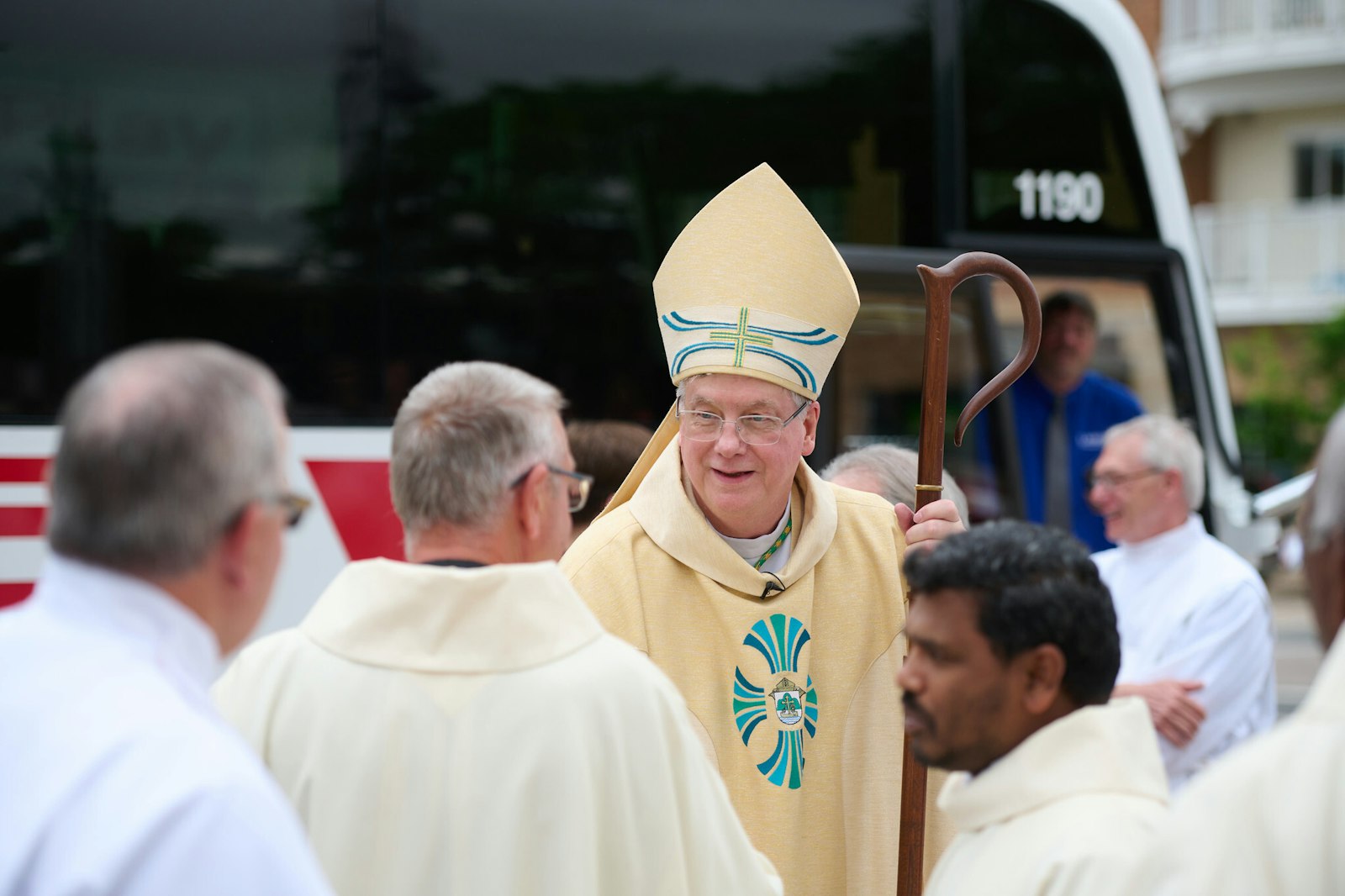 Bishop Battersby greets friends, well-wishers, clergy and faithful of the Diocese of La Crosse outside the Cathedral of St. Joseph the Workman following his installation Mass on May 20.