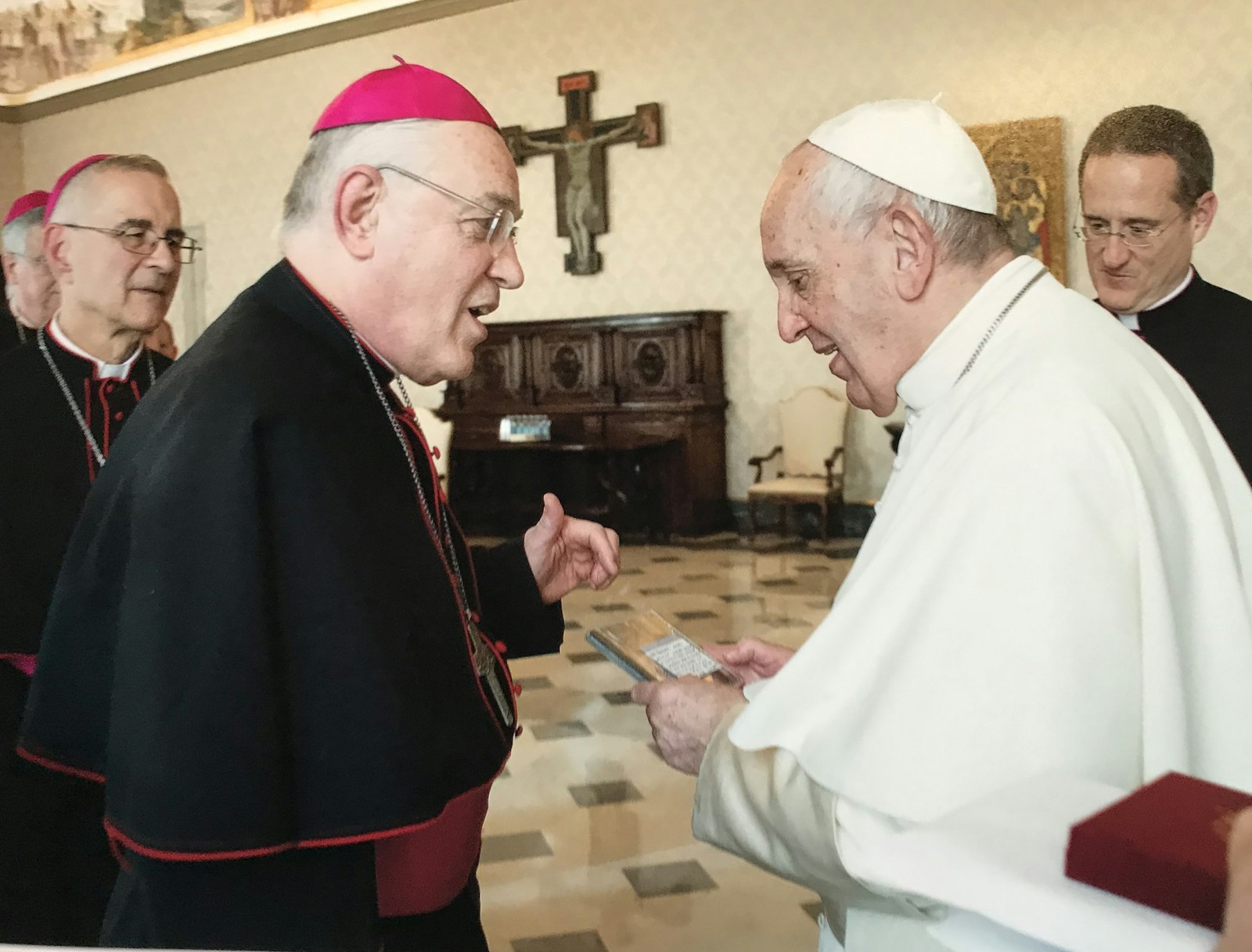 Detroit Auxiliary Bishop Donald F. Hanchon greets Pope Francis as part of the U.S. bishops' "ad limina" visits to Rome in 2019. On Oct. 9, Bishop Hanchon turned 75 years old, the age at which bishops are required to offer their resignations to the Holy Father. (Photos courtesy of Bishop Donald F. Hanchon)