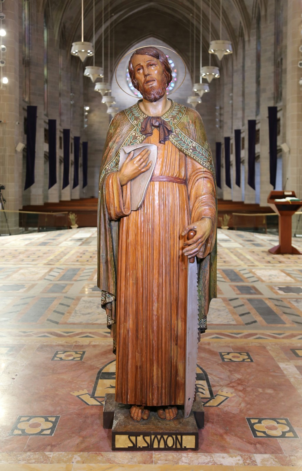 A closeup of the statue of St. Simon. The installation of the statues along with the corresponding first-class relics have transformed the cathedral into a permanent pilgrimage site.