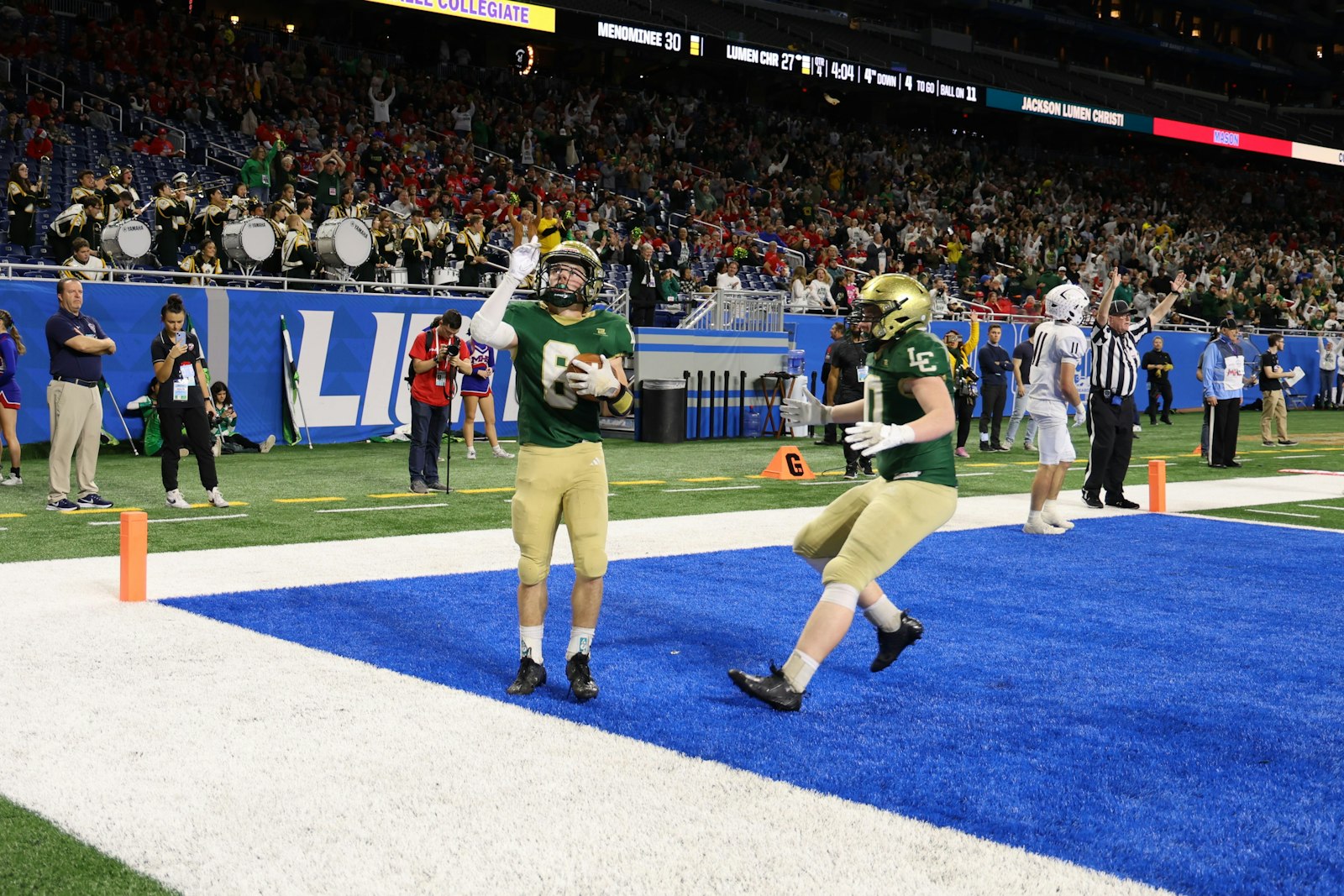 Gabe King caught the winning touchdown pass late in the fourth quarter, powering Jackson Lumen Christi to a 34-30 victory over Menominee in the 2023 Division 7 state championship game. (Photo by Rick Bradley | Special to Detroit Catholic)