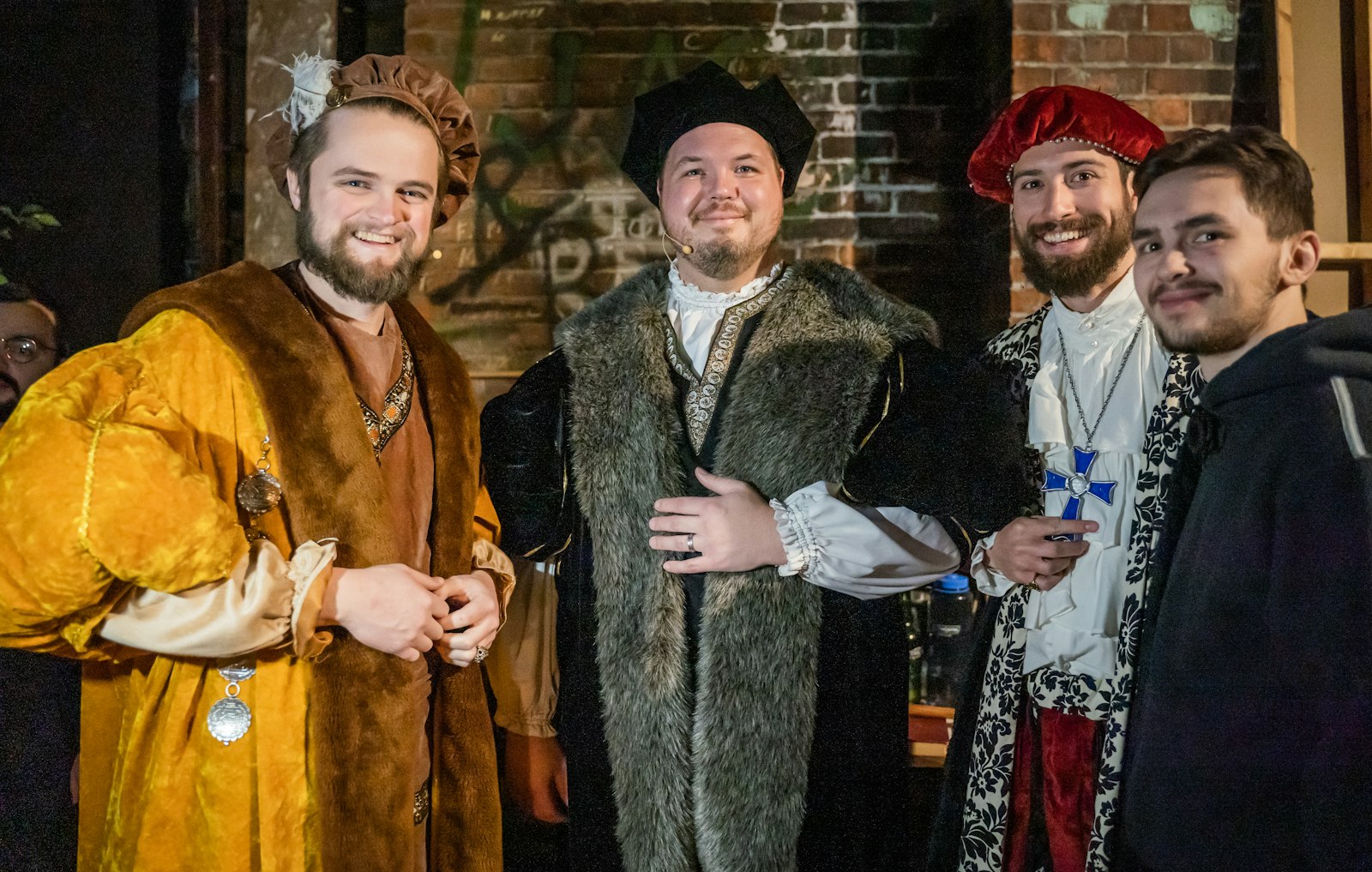 Left to right, Joshua Fons (The Duke of Norfolk) Deacon Andrew Smith (Sir Thomas More), Joseph Lennon (William Roper), and Eric Pawlaczyk (stagehand and set construction) smile backstage. The play was acted and directed entirely by seminarians, with Deacon Jeremy Schupbach of the Archdiocese of Detroit and Stephen Caraher of the Diocese of Gary co-directing.