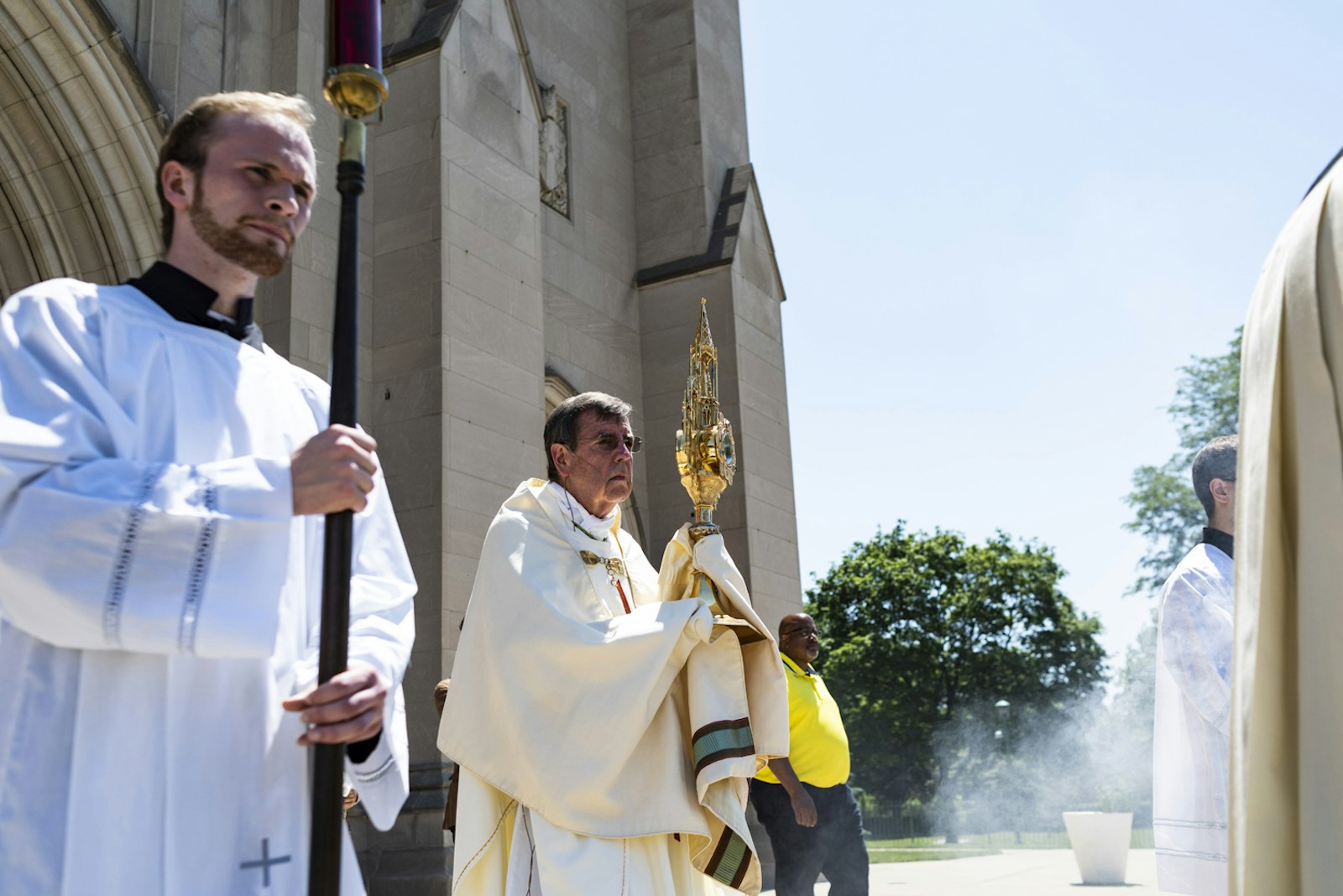 Archbishop Vigneron leads a Eucharistic procession last year at the Cathedral of the Most Blessed Sacrament in Detroit. The U.S. bishops' National Eucharistic Revival will culminate in 2024 with a National Eucharistic Congress in Indianapolis, Ind. (Rosa Maria Zamarron | Special to Detroit Catholic)