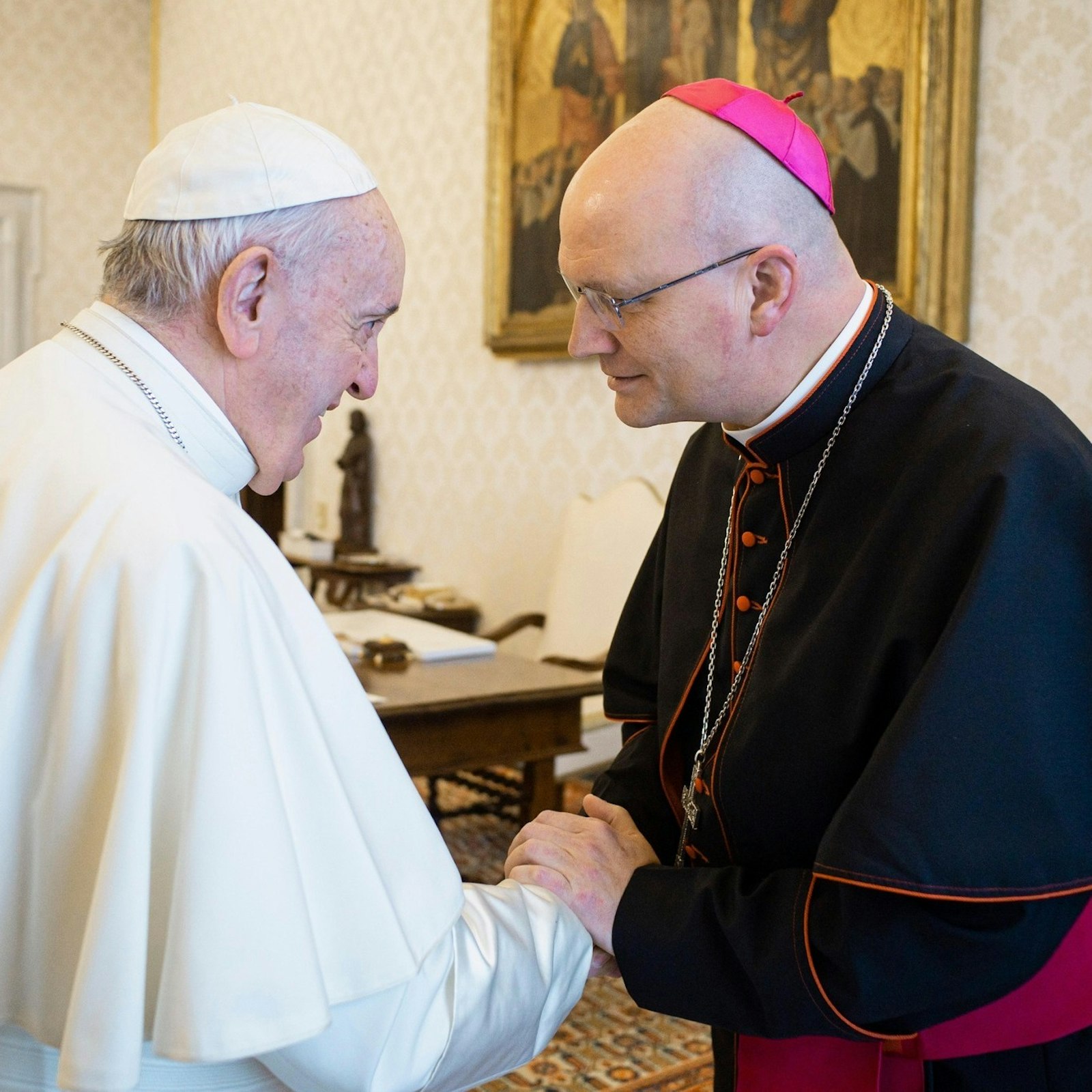 Archbishop-designate Weisenburger greets Pope Francis during an "ad limina" visit to the Holy See in 2020. Archbishop John C. Wester of Sante Fe, New Mexico, said Archbishop-designate Weisenburger models a synodal leadership style that Pope Francis envisions for the Church.