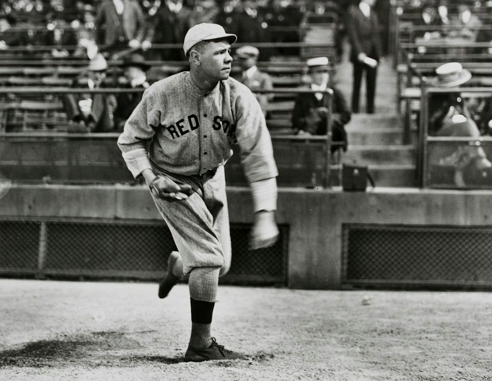 Babe Ruth pitching for the Boston Red Sox during a game between 1914 to 1919. (Frances P. Burke | Public domain)