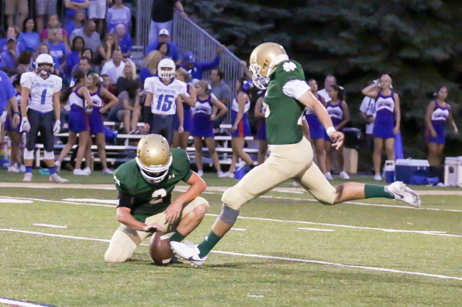Bryce Barringer, a 2017 graduate of Pontiac Notre Dame Prep, kicks during a game for the Fighting Irish. (Courtesy photo)