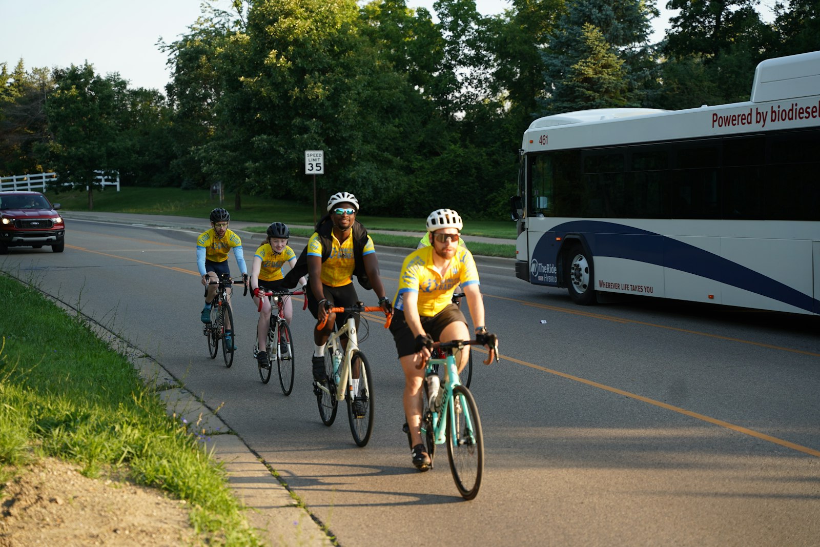 The Biking for Babies Michigan route team makes their way along Green Road in Ann Arbor, during the first day of their journey that will take them from Our Lady of Good Counsel in Plymouth to a host family in Hillsdale.